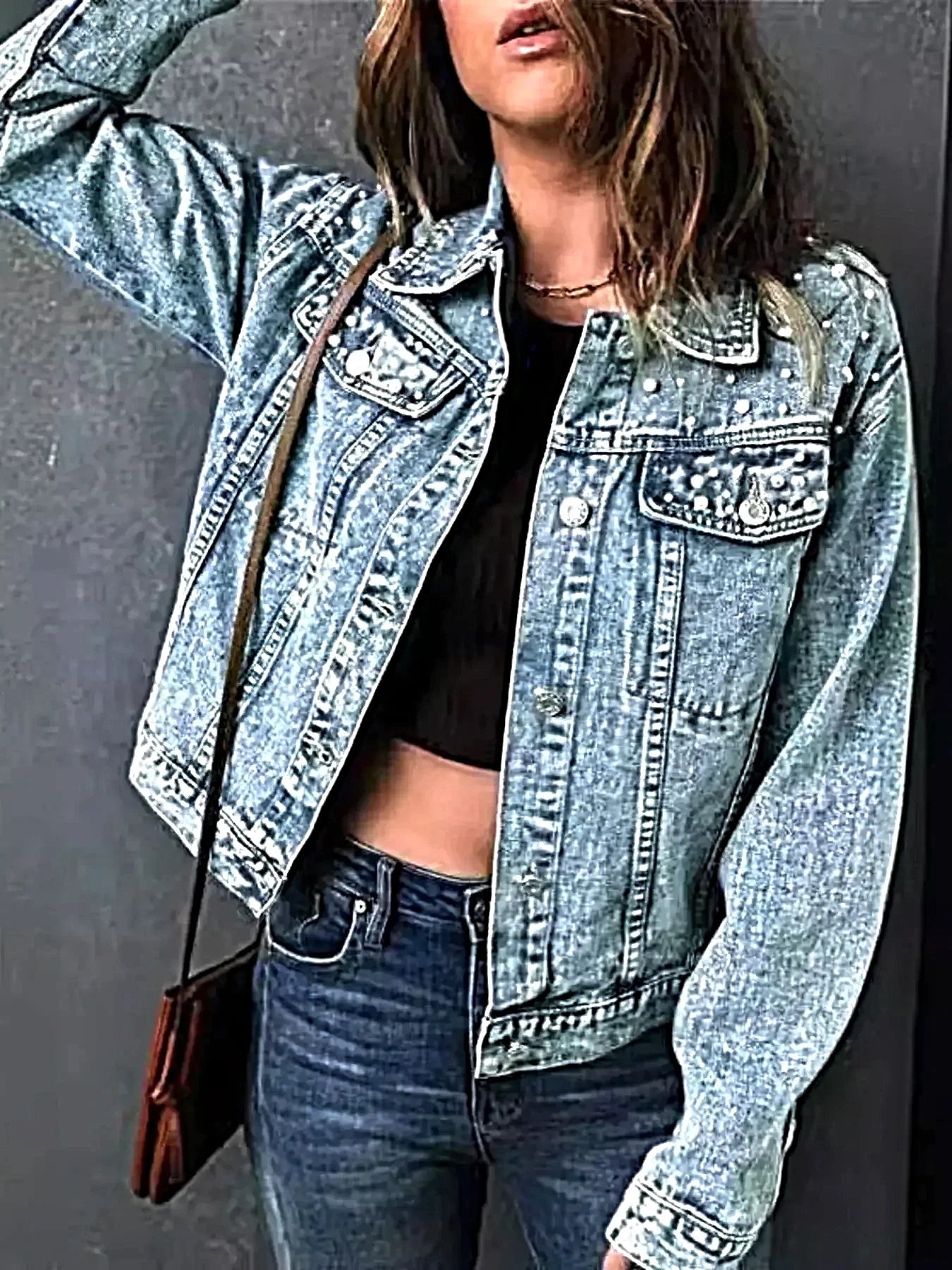 Full Size Pearl Detail Button Up Long Sleeve Denim Jacket Plus Size -