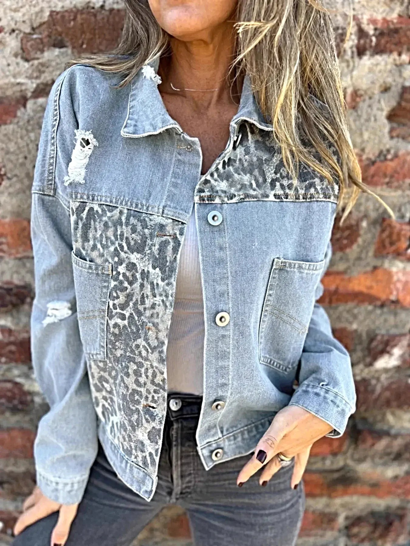 Full Size Leopard Button Up Denim Jacket Plus Size -