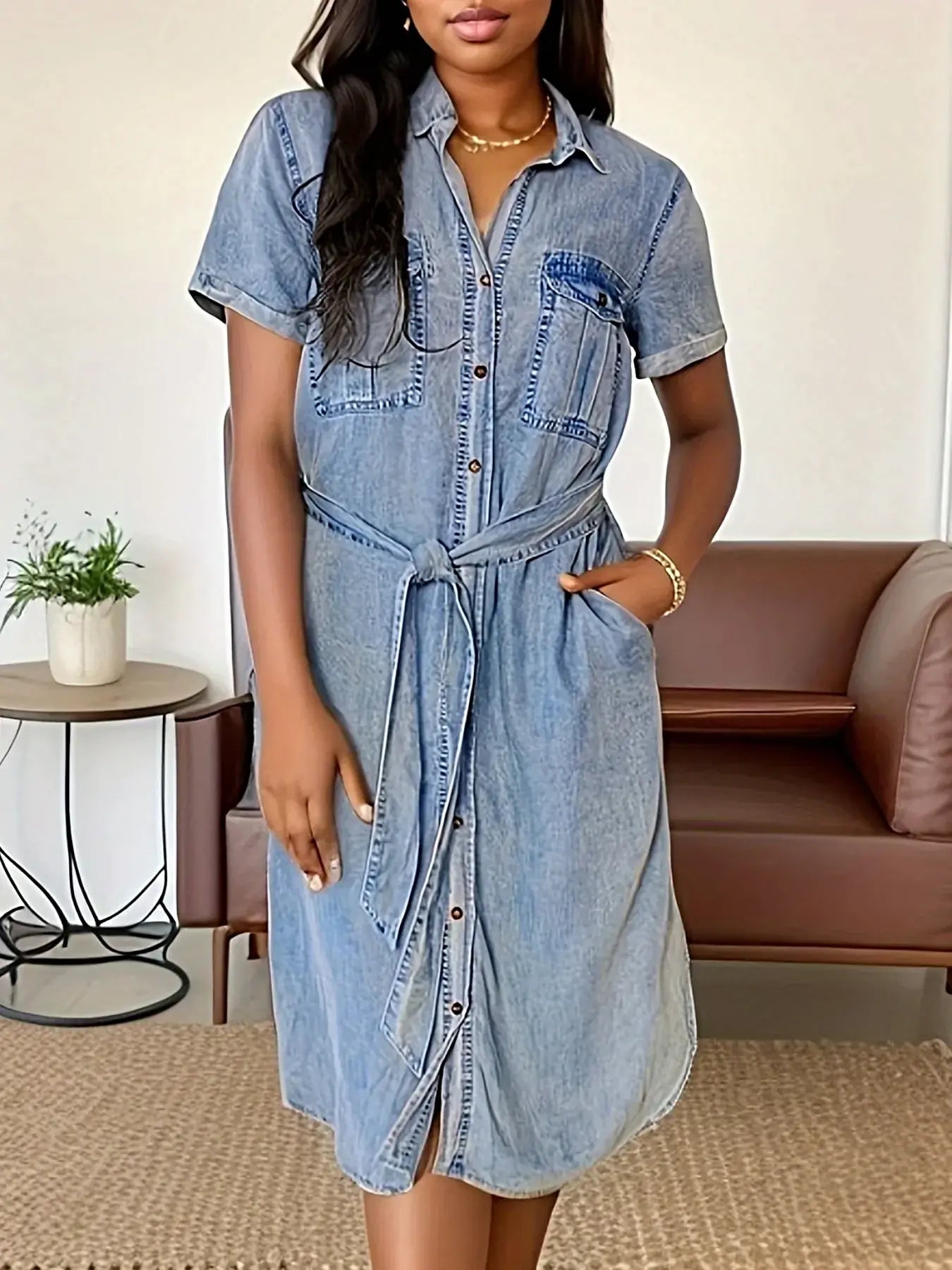 Button Front Short Sleeve Denim Dress -