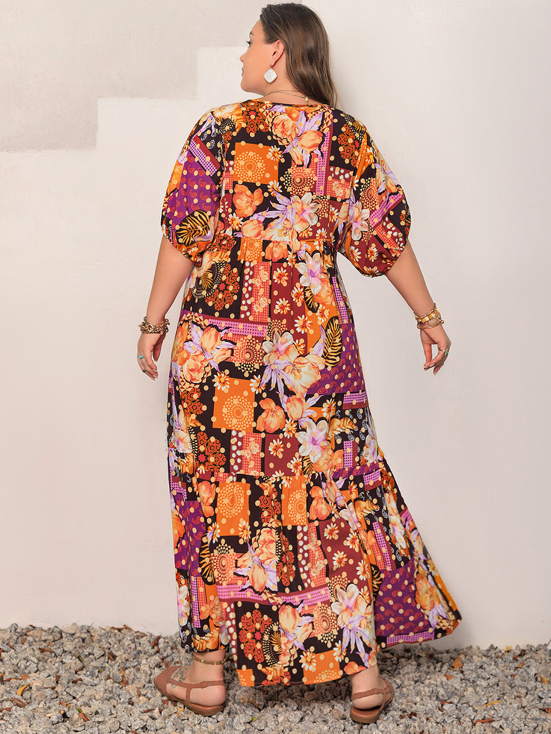Plus Size Printed V-Neck Half Sleeve Maxi Dress Trendsi