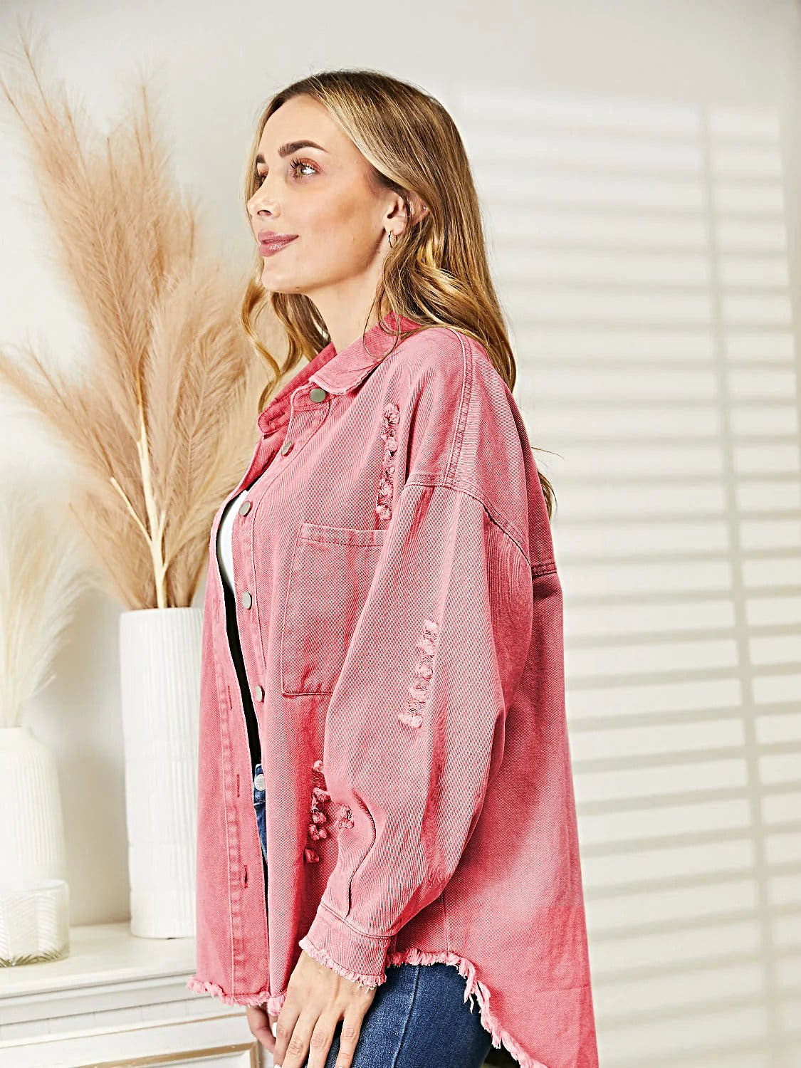 Distressed Raw Hem Denim Jacket -