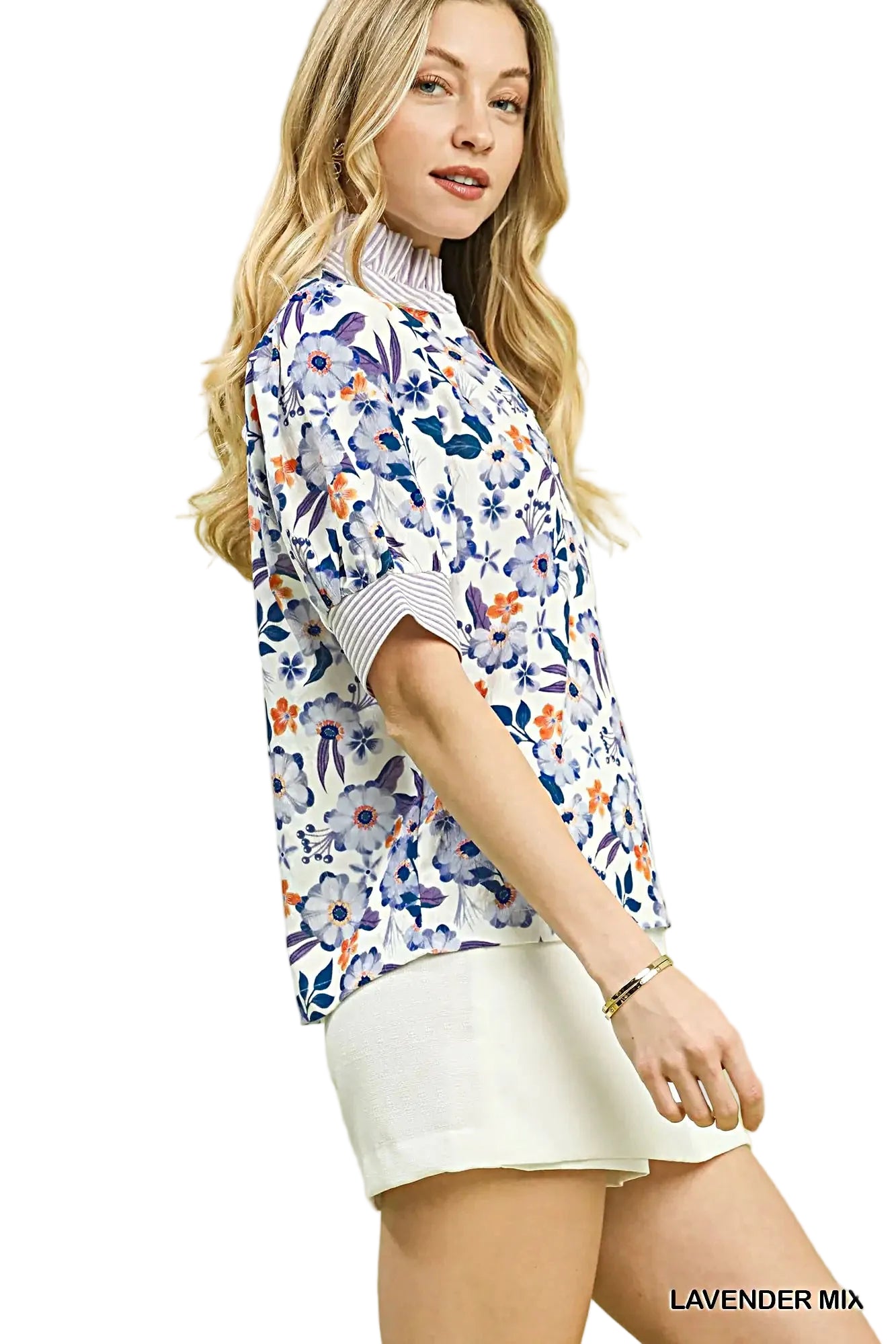 Umgee Floral Print Jacquard Ruffle Top -