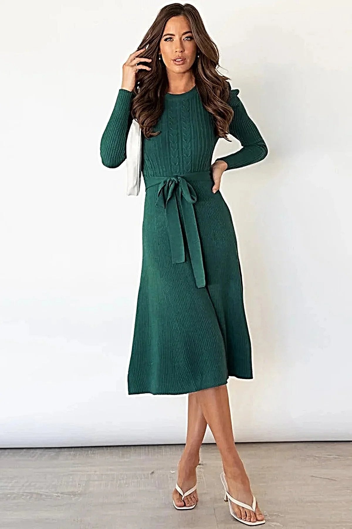 S-2XL • Tie Waist Sweater Dress • Round Neck, Long Sleeves • Stretchy Opaque Fabric -