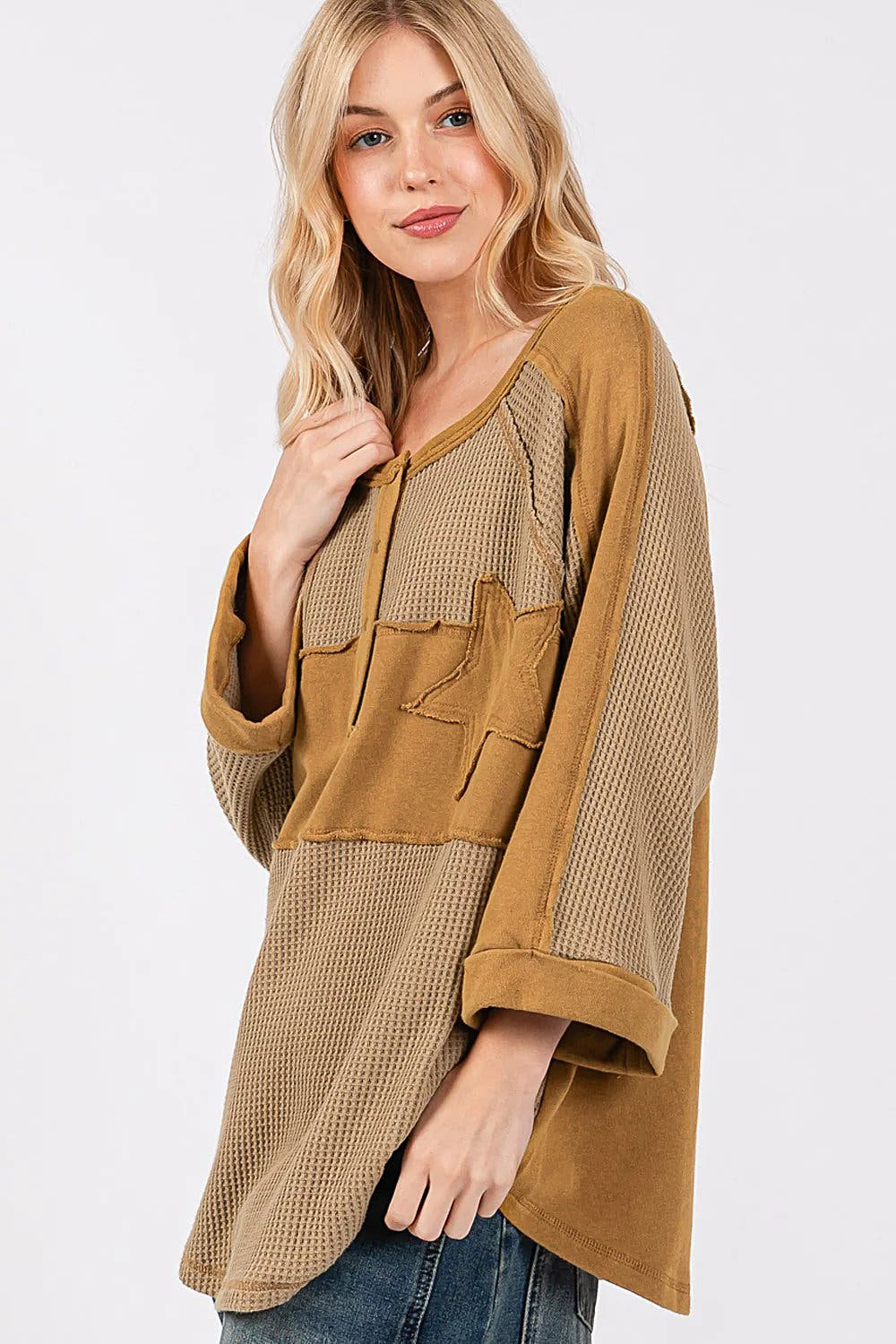 SAGE + FIG Waffle Knit Top With Star Applique Patch And Exposed Seams - Chic Casual Design Trendsi