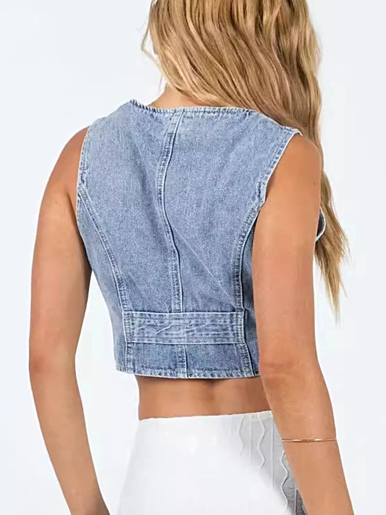 V-Neck Button Up Denim Vest -