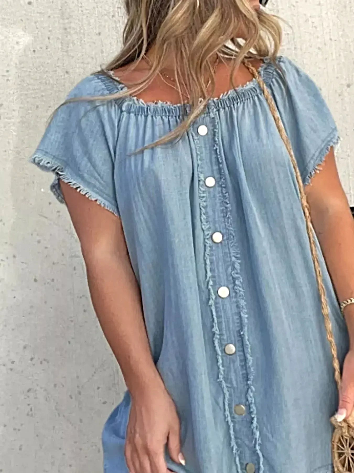 Full Size Off-Shoulder Button-Down Frayed Denim Dress Plus Size -