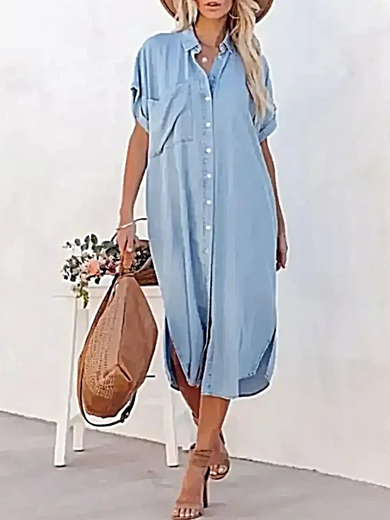 Button Down Denim Midi Shirt Dress -