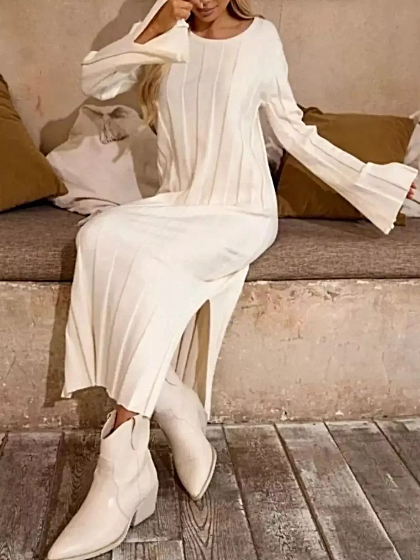Ribbed Knit Slit Sweater Dress -