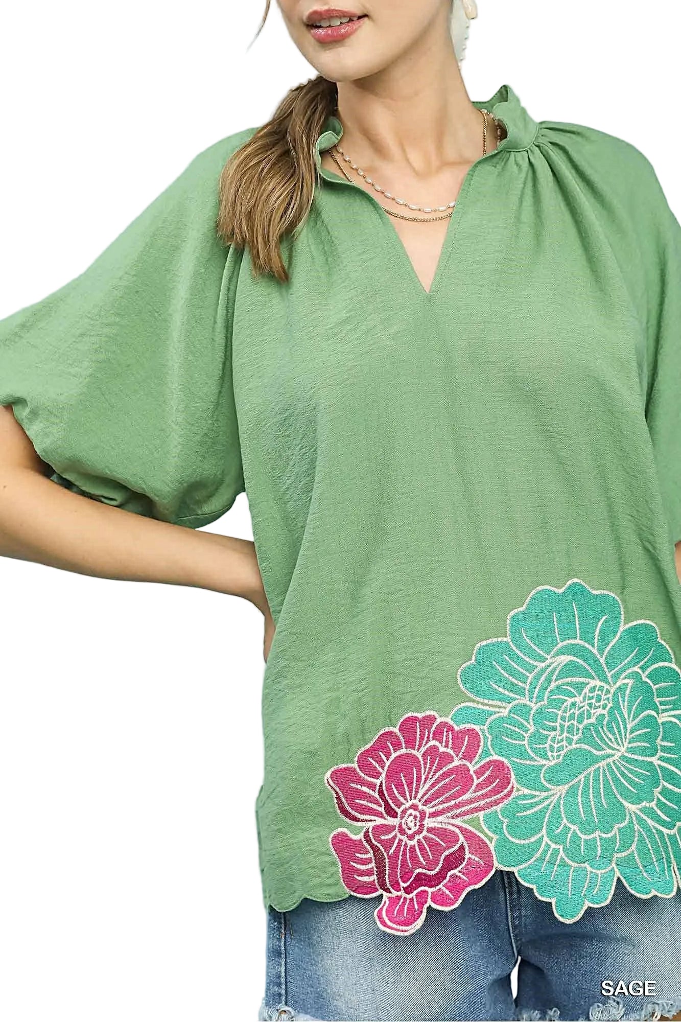 Umgee Floral Embroidered Hem Blouse -