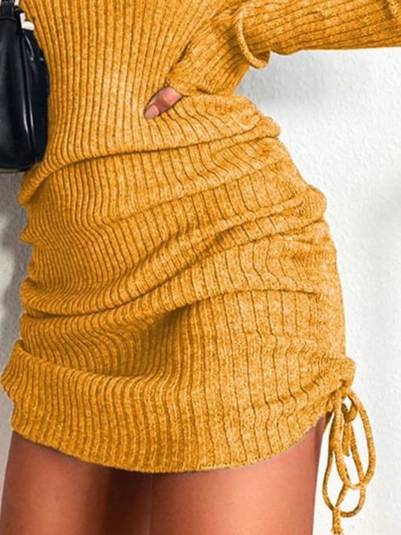 Full Size Ribbed Knit Drawstring Bodycon Sweater Dress Plus Size -