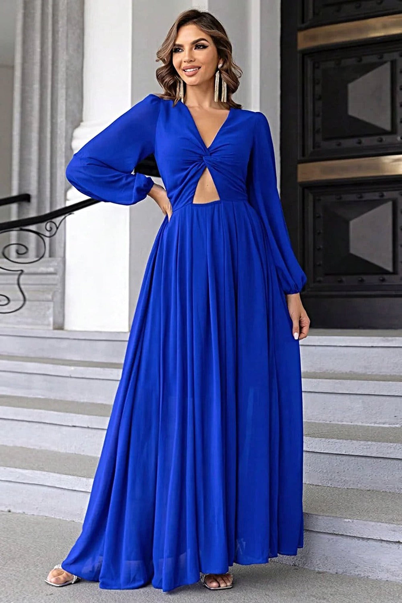 Chic Twist Front Cutout Long Sleeve Women's Fashion Dress in 100% Polyester Trendsi