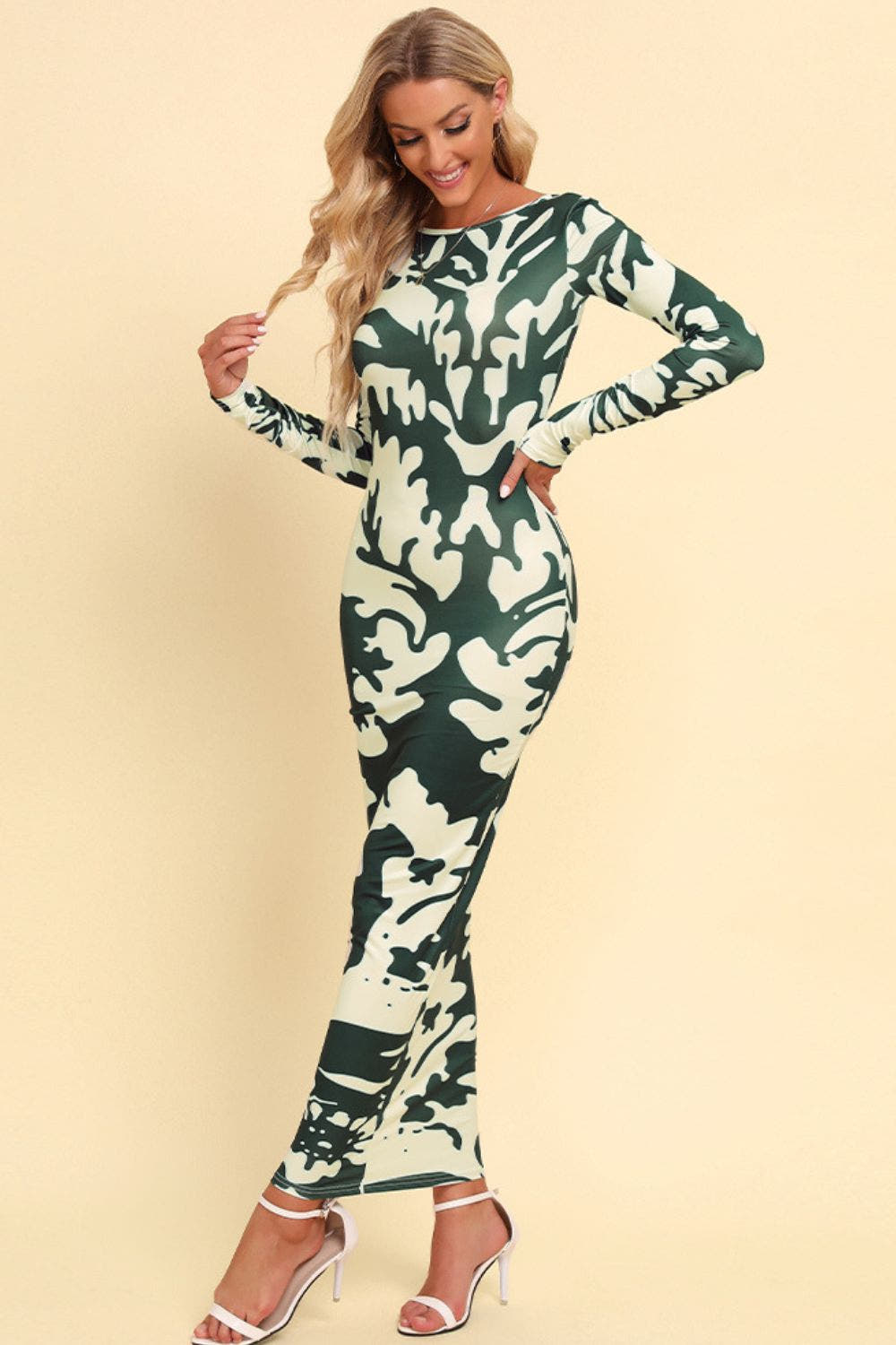 Printed Backless Long Sleeve Maxi Dress -
