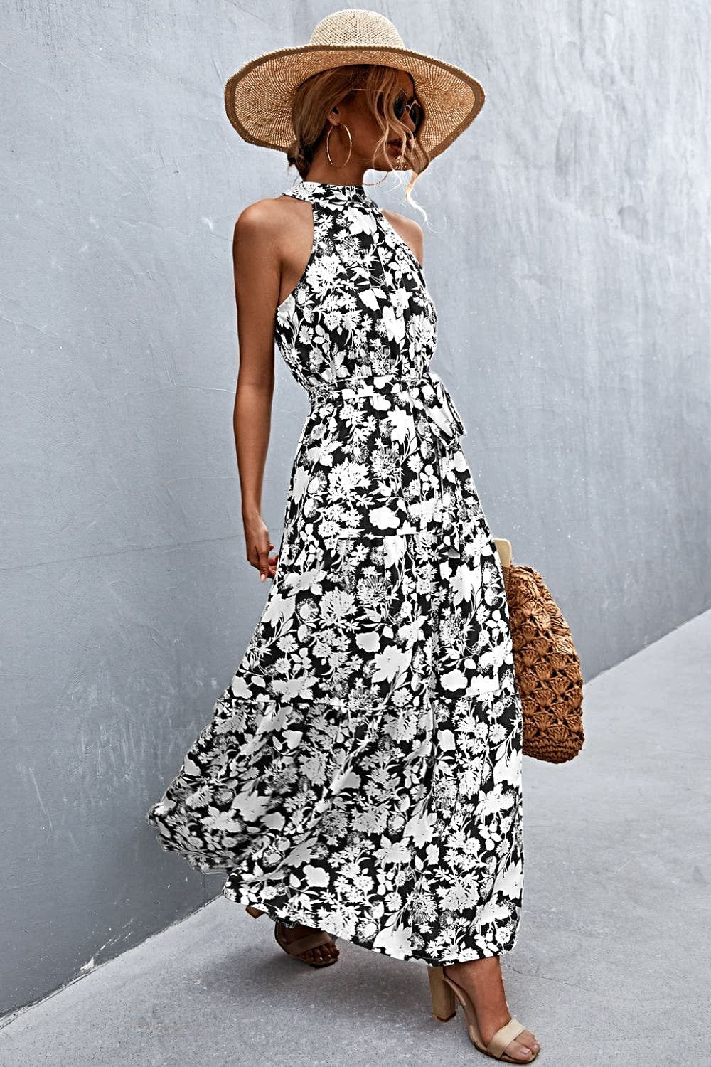 Grecian Printed Tie Waist Maxi Dress with Sleeveless Design and Polka Dot Floral Pattern Trendsi