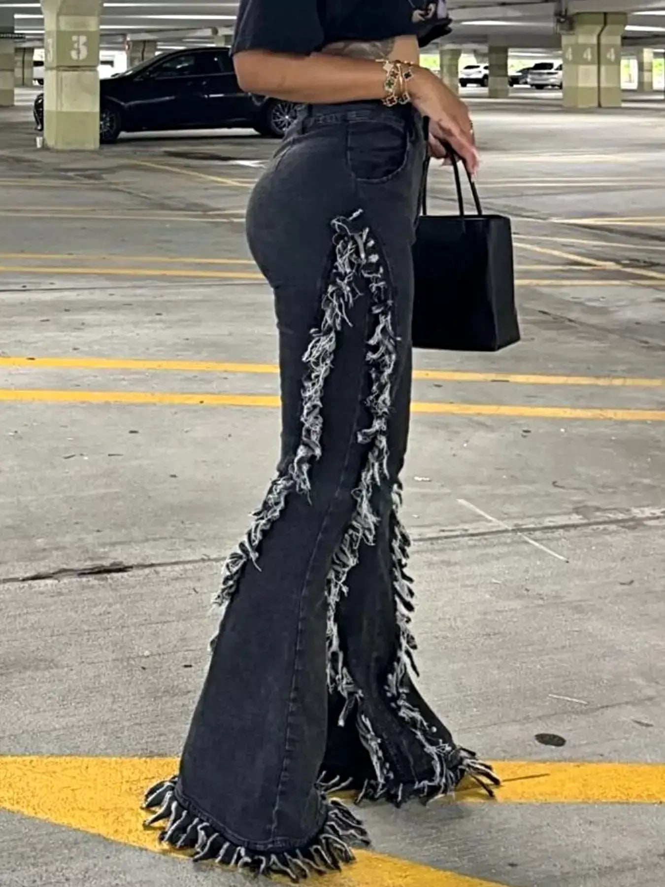 Frayed Trim High Waist Flare Jeans -