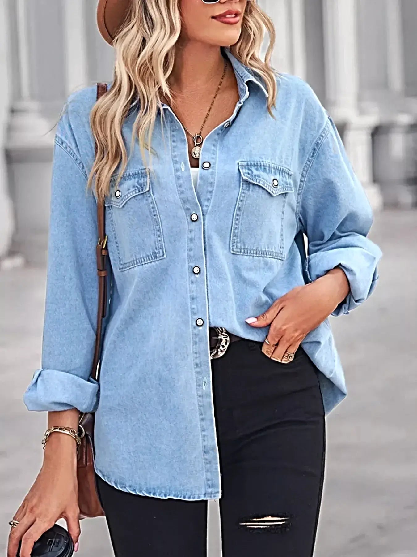 Button Down Washed Denim Shirt with Chest Pockets -