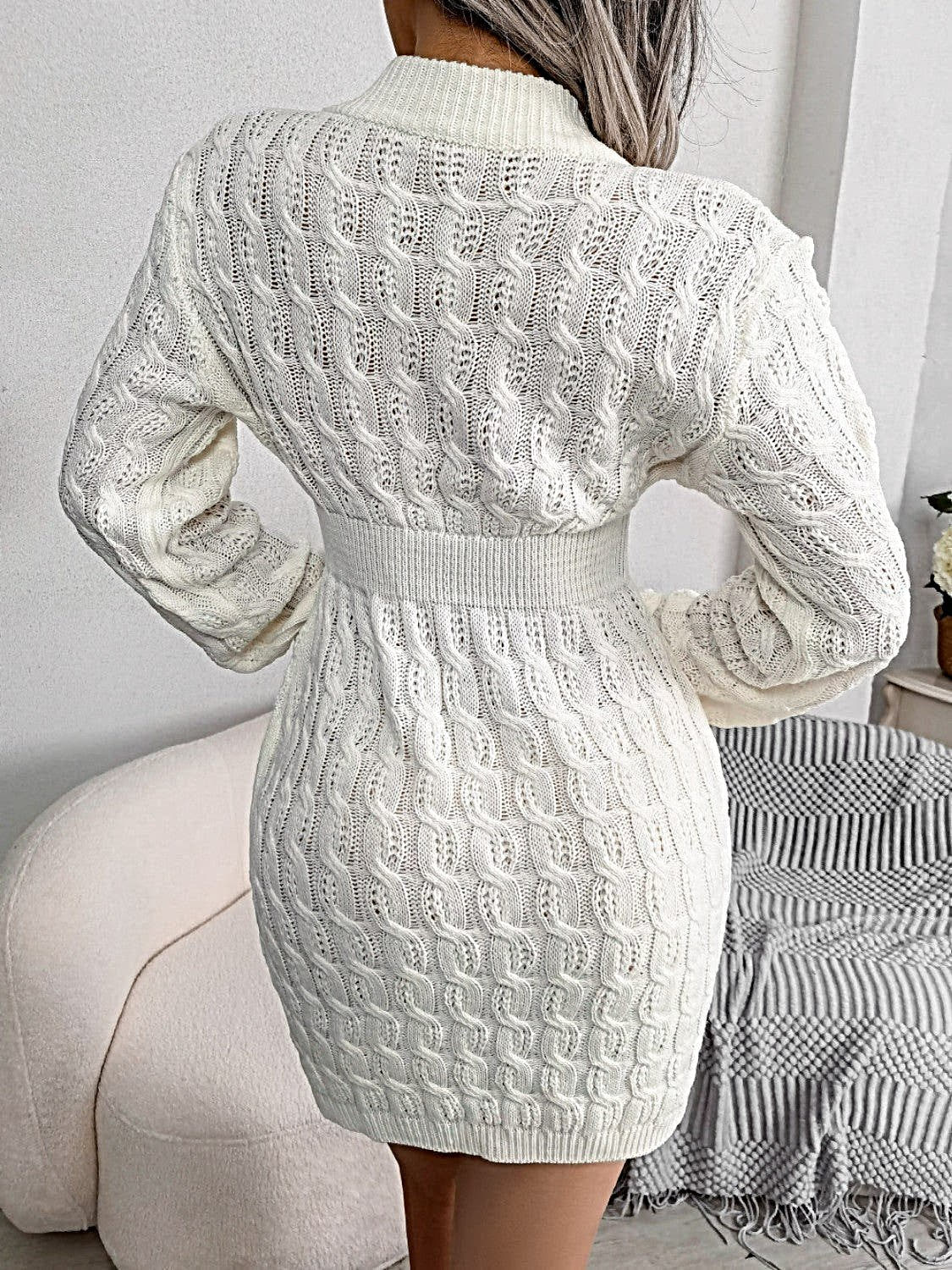 Luxury Cable Knit Sweater Dress with Round Neck and Mini Wrap Design – High-Quality Acrylic -