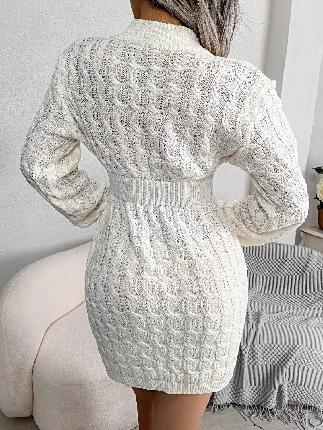 Luxury Cable Knit Sweater Dress with Round Neck and Mini Wrap Design – High-Quality Acrylic Trendsi