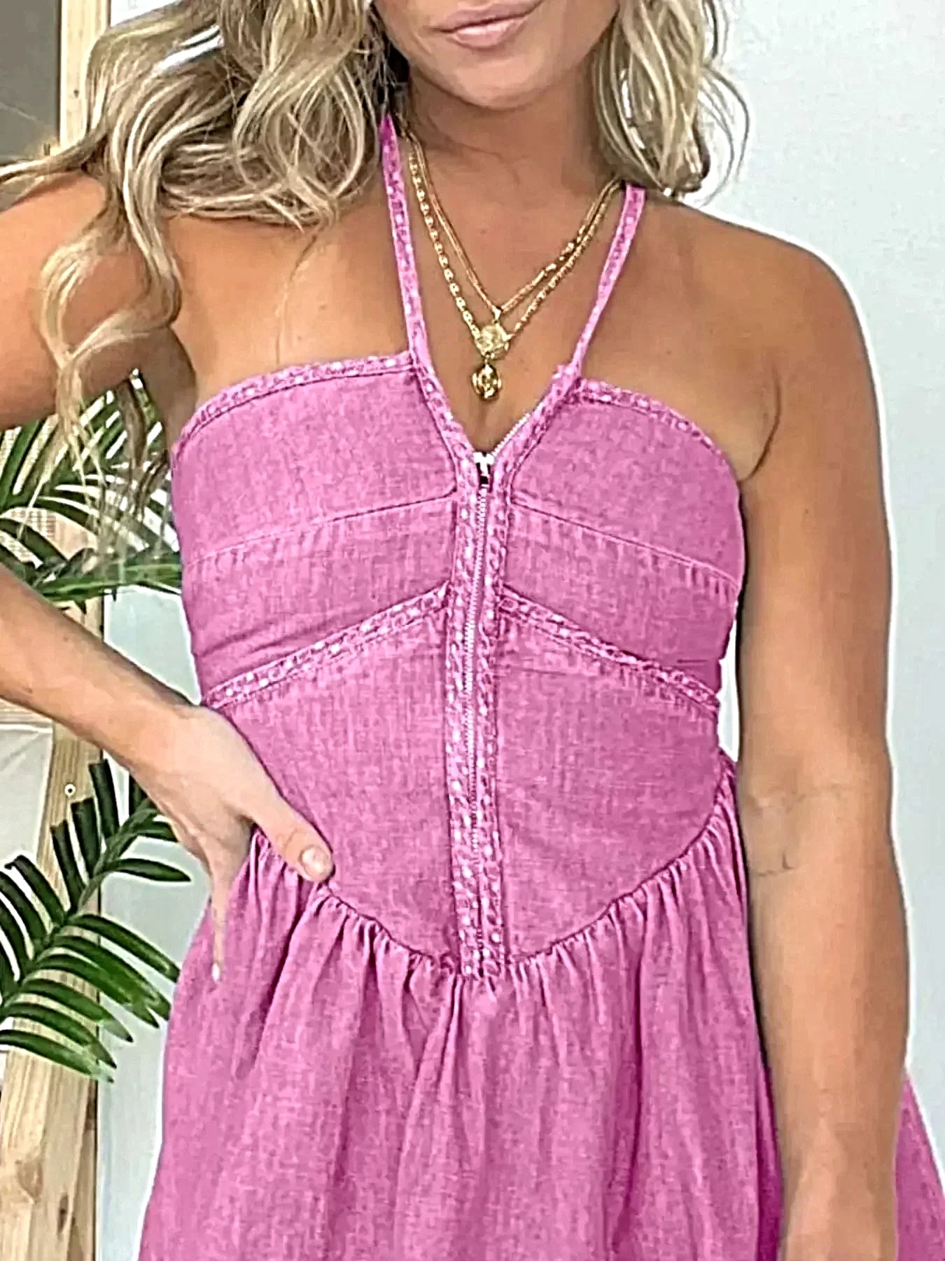Full Size Lace Up Halter Neck Denim Dress Plus Size -