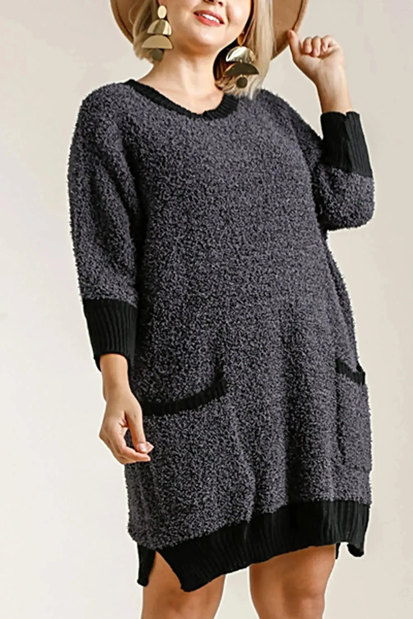 Umgee Full Size Ribbed Hem Round Neck 3/4 Sleeve Sweater Dress with Pockets Plus Size -