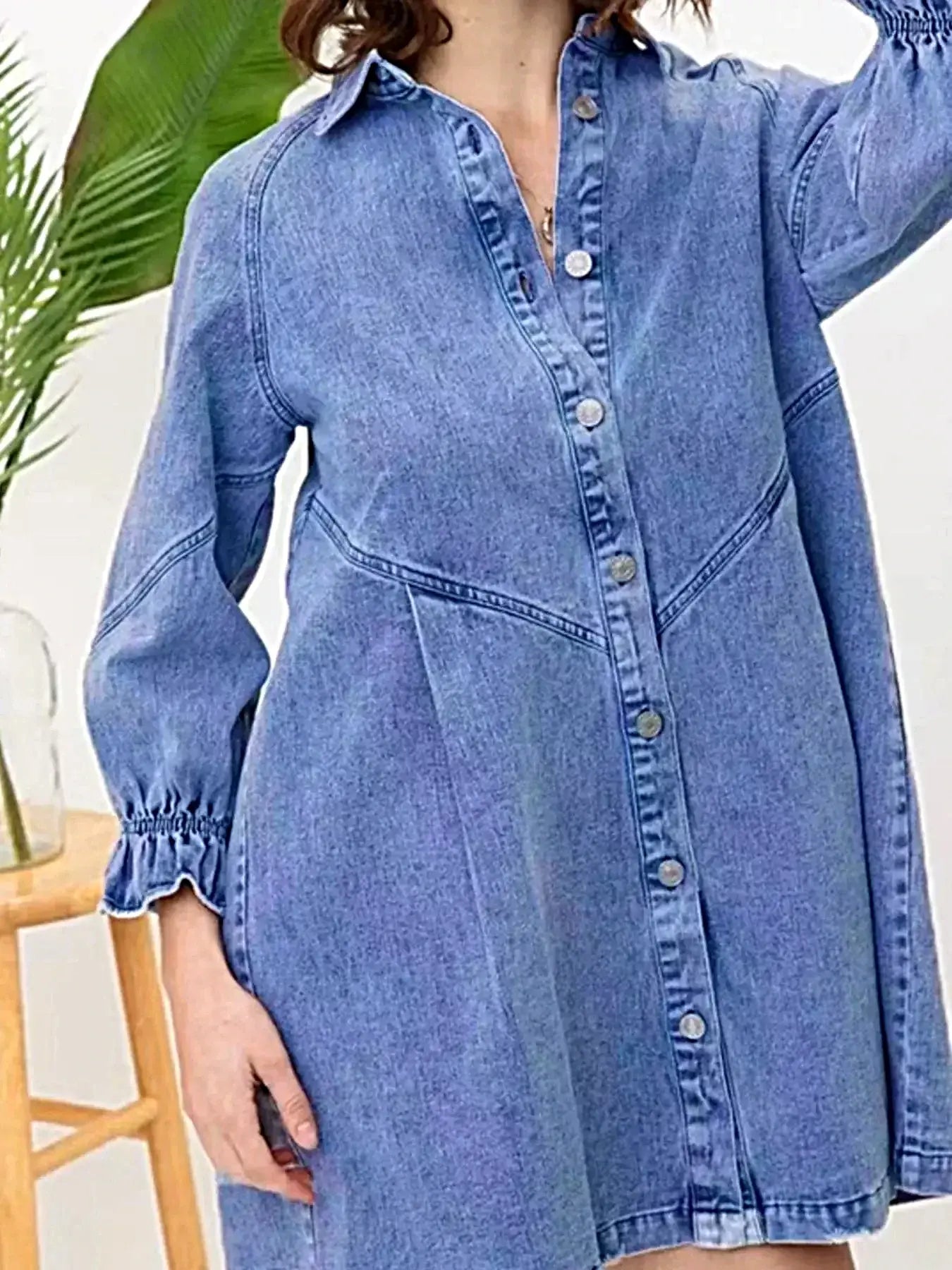Ruffled Cuff Button-Down Denim Dress -