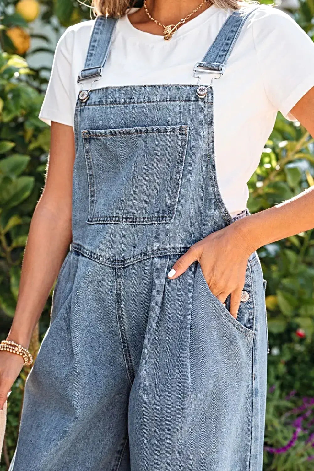 Pleated Wide Leg Retro Pocketed Denim Jumpsuit -