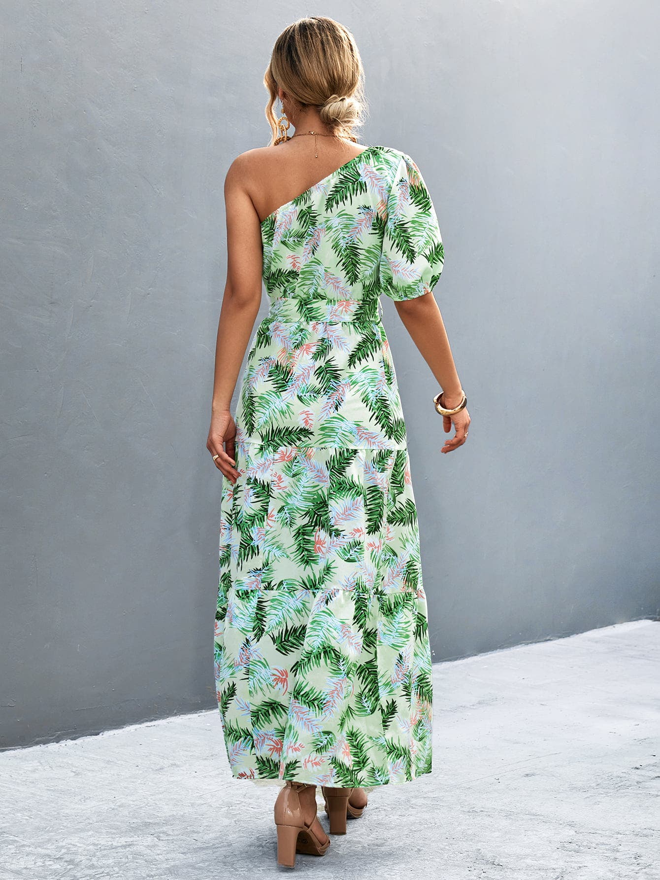 Printed Tie Waist One Shoulder Maxi Dress -
