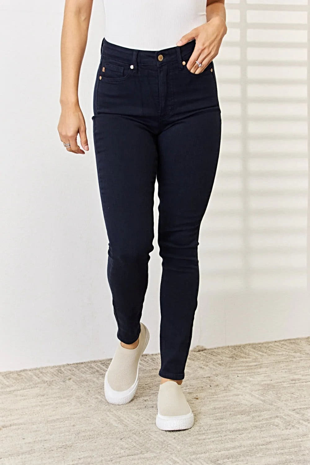 Judy Blue Tummy Control Skinny Jeans - Full Size Garment Dyed for a Flattering Fit Trendsi