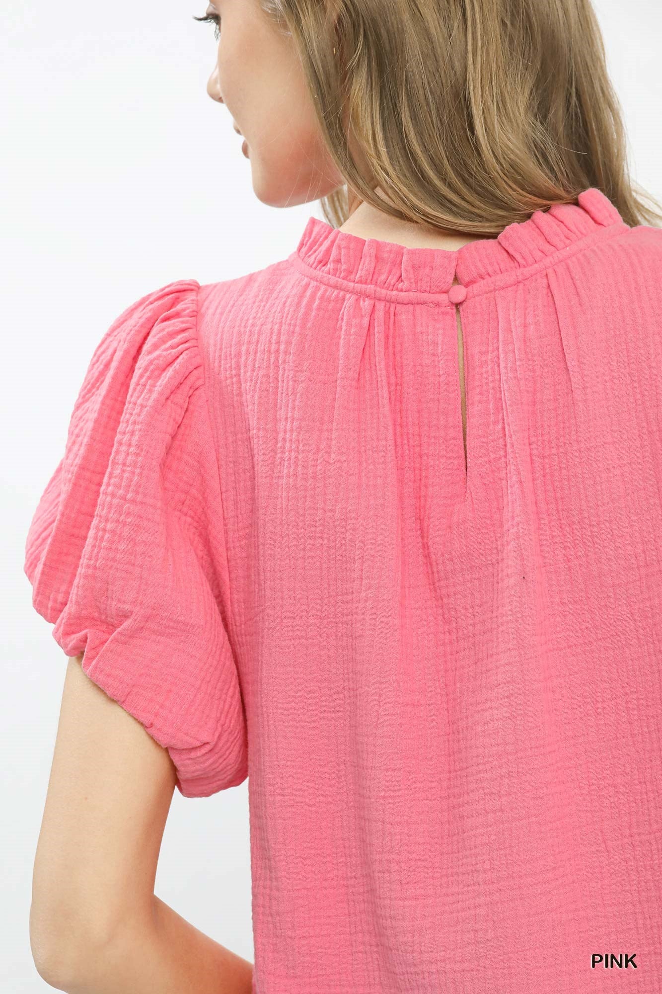 Umgee Textured Gauze Ruffle Neck Boho Top -