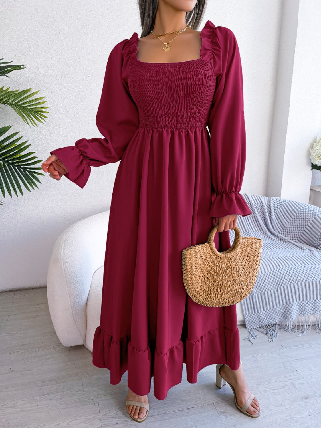 Smocked Square Neck Flounce Sleeve Dress -