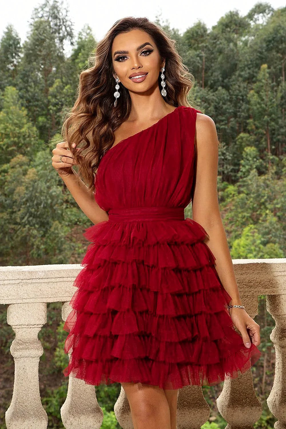 Elegant One Shoulder Party Dress with Tiered Design - Slightly Stretchy 100% Polyester Trendsi