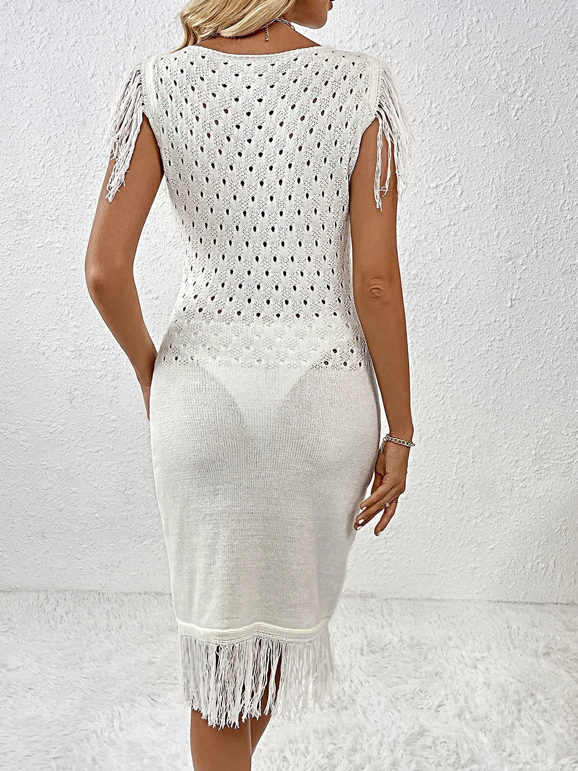 Fringe Openwork Boat Neck Knit Dress -