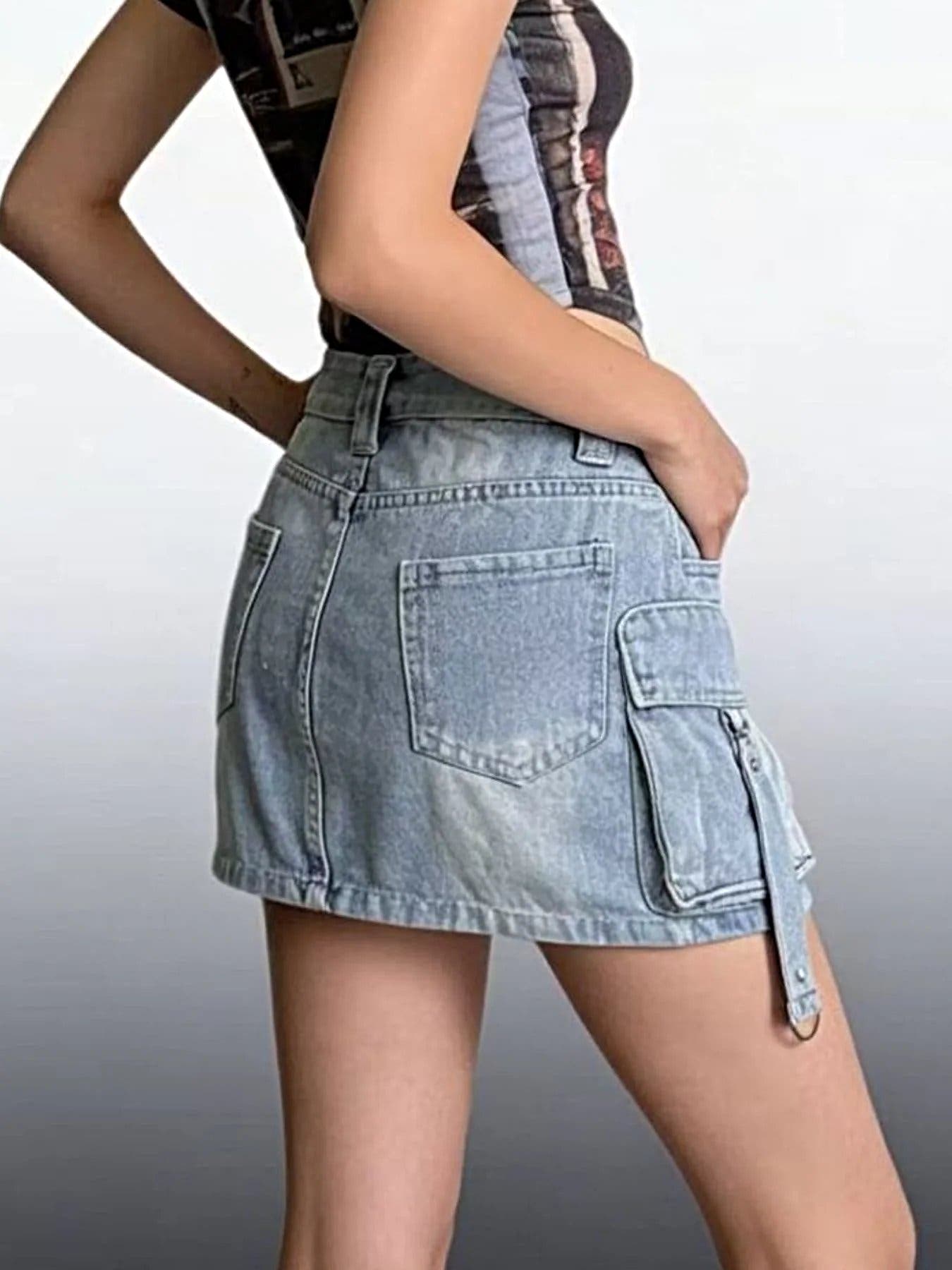Washed Cargo Denim Skirt -