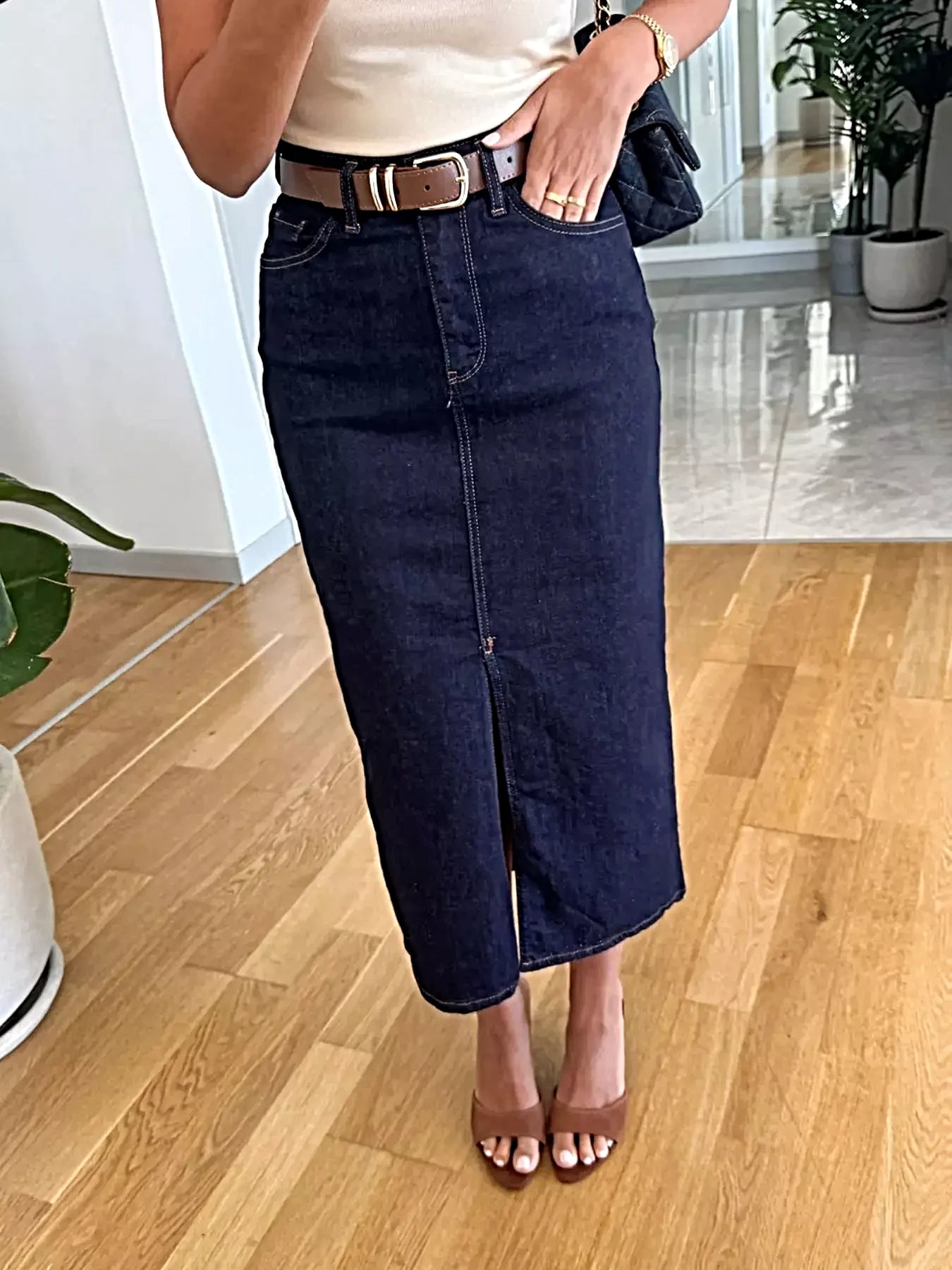 Slit Front Denim Skirt -