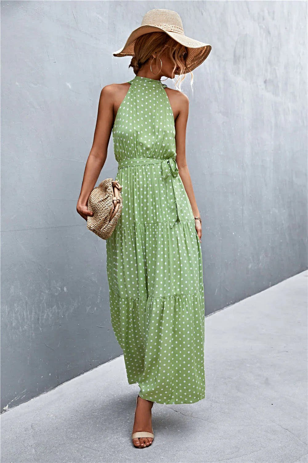Grecian Printed Tie Waist Maxi Dress with Sleeveless Design and Polka Dot Floral Pattern Trendsi