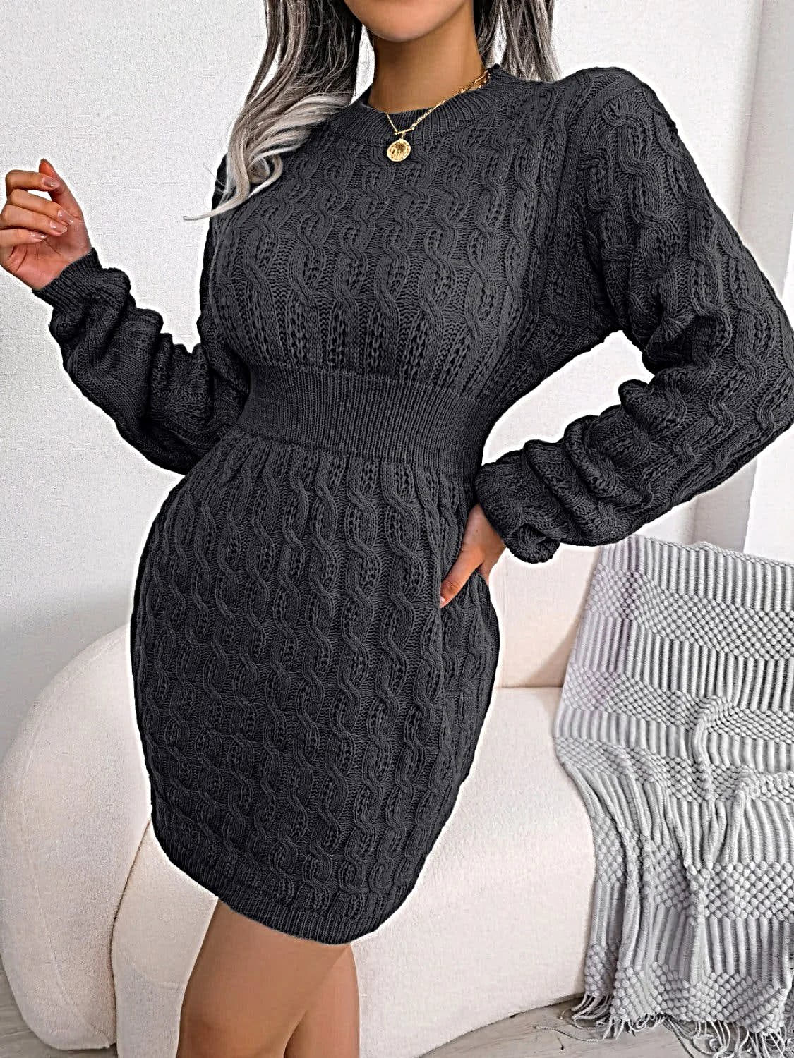 Luxury Cable Knit Sweater Dress with Round Neck and Mini Wrap Design – High-Quality Acrylic -