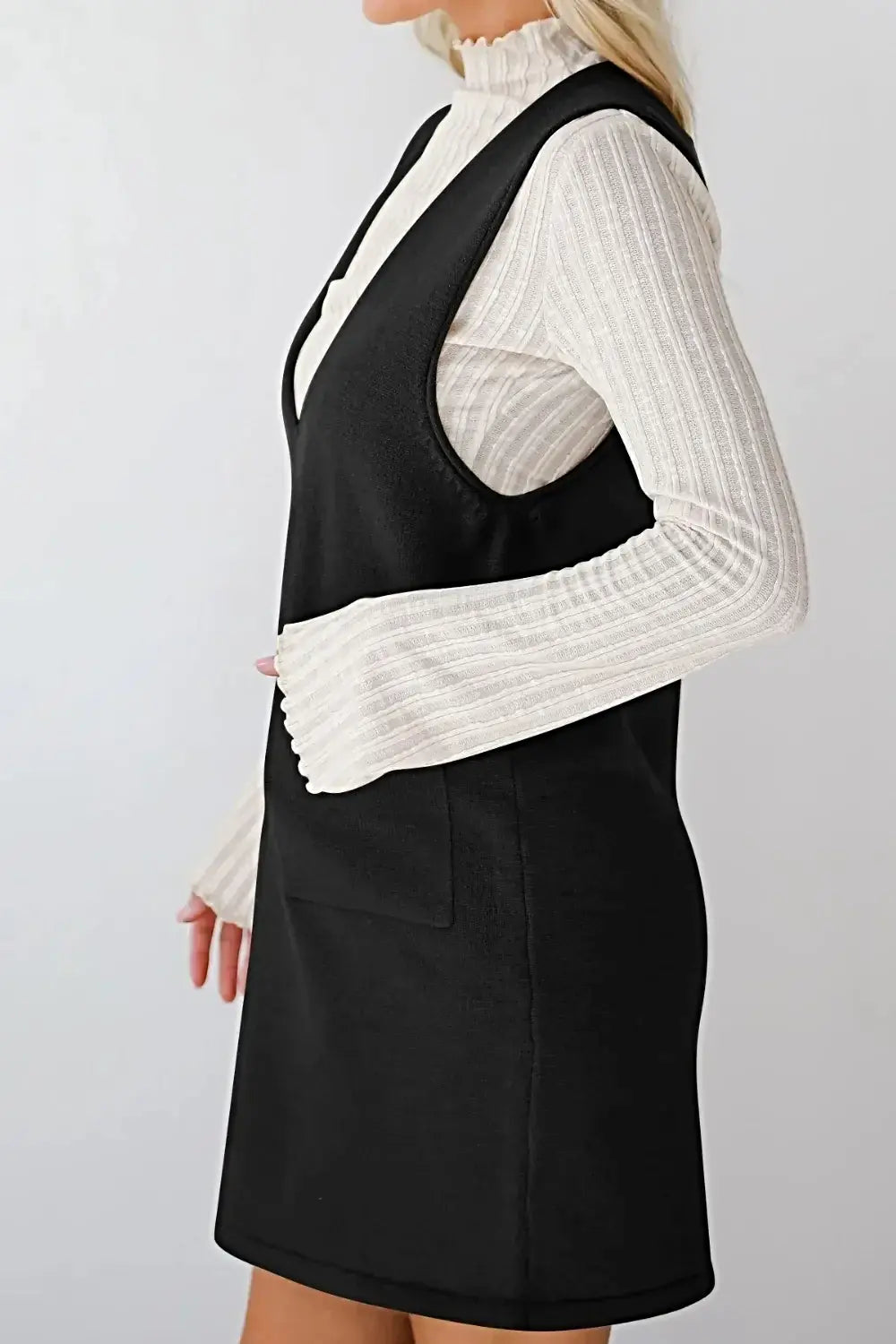 Lovelet Pocketed V-Neck Mini Sweater Overall Dress -