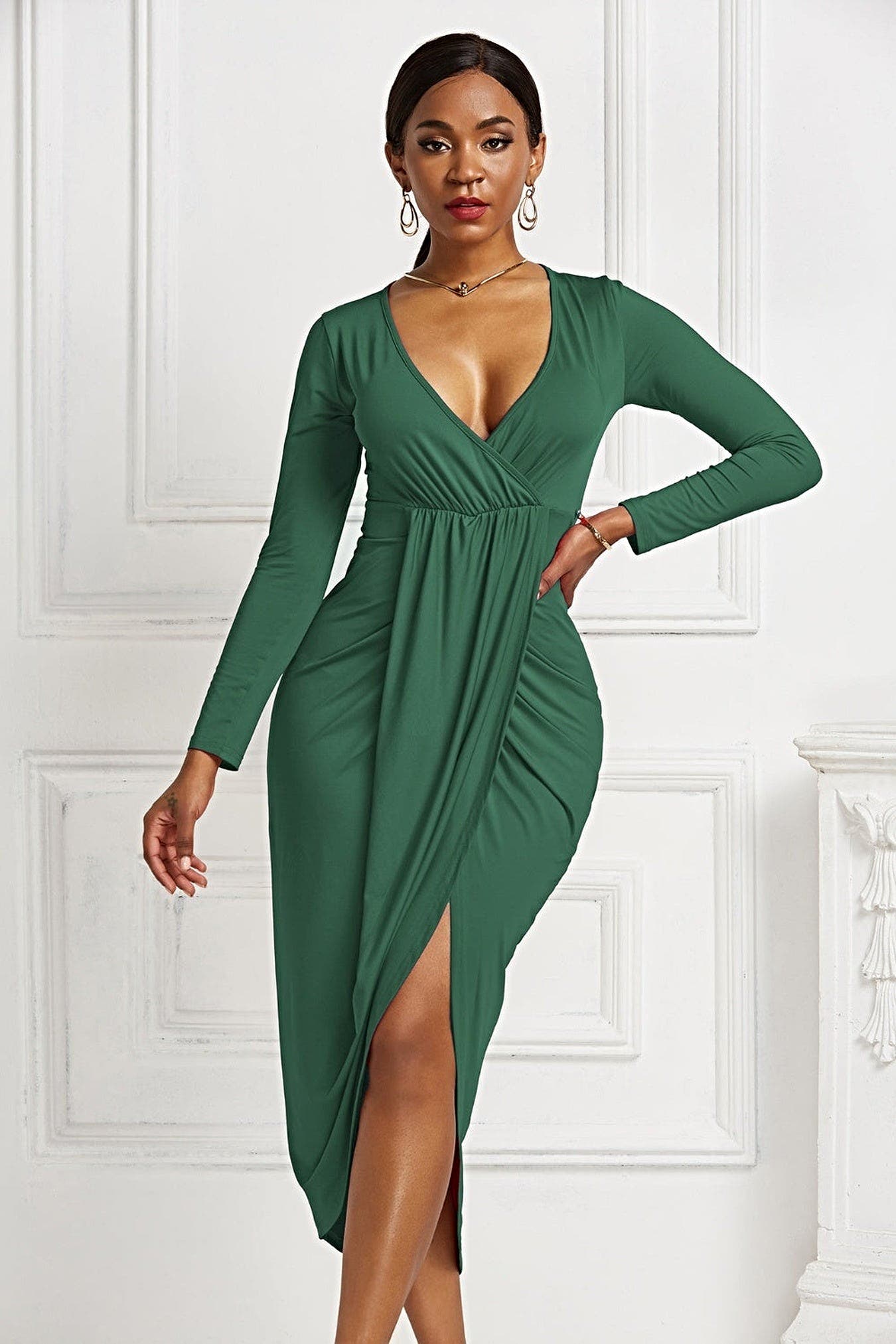 High-low Ruched Surplice Long Sleeve Dress -