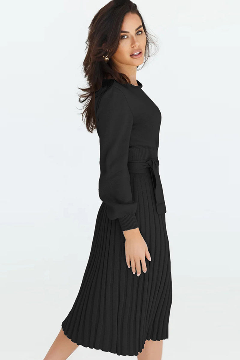Round Neck Long Sleeve Pleated Sweater Dress -