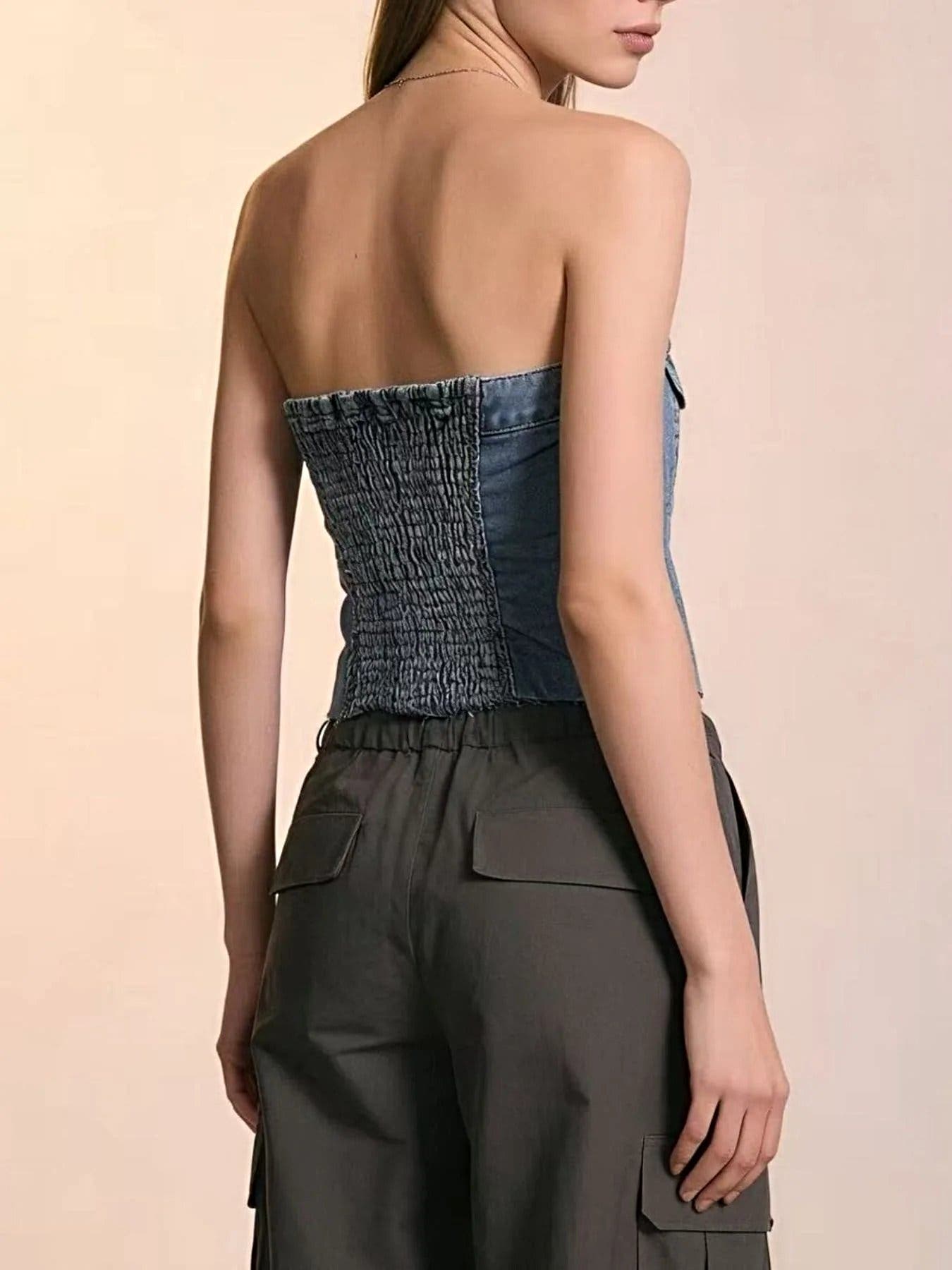Button-Front Strapless Denim Top -