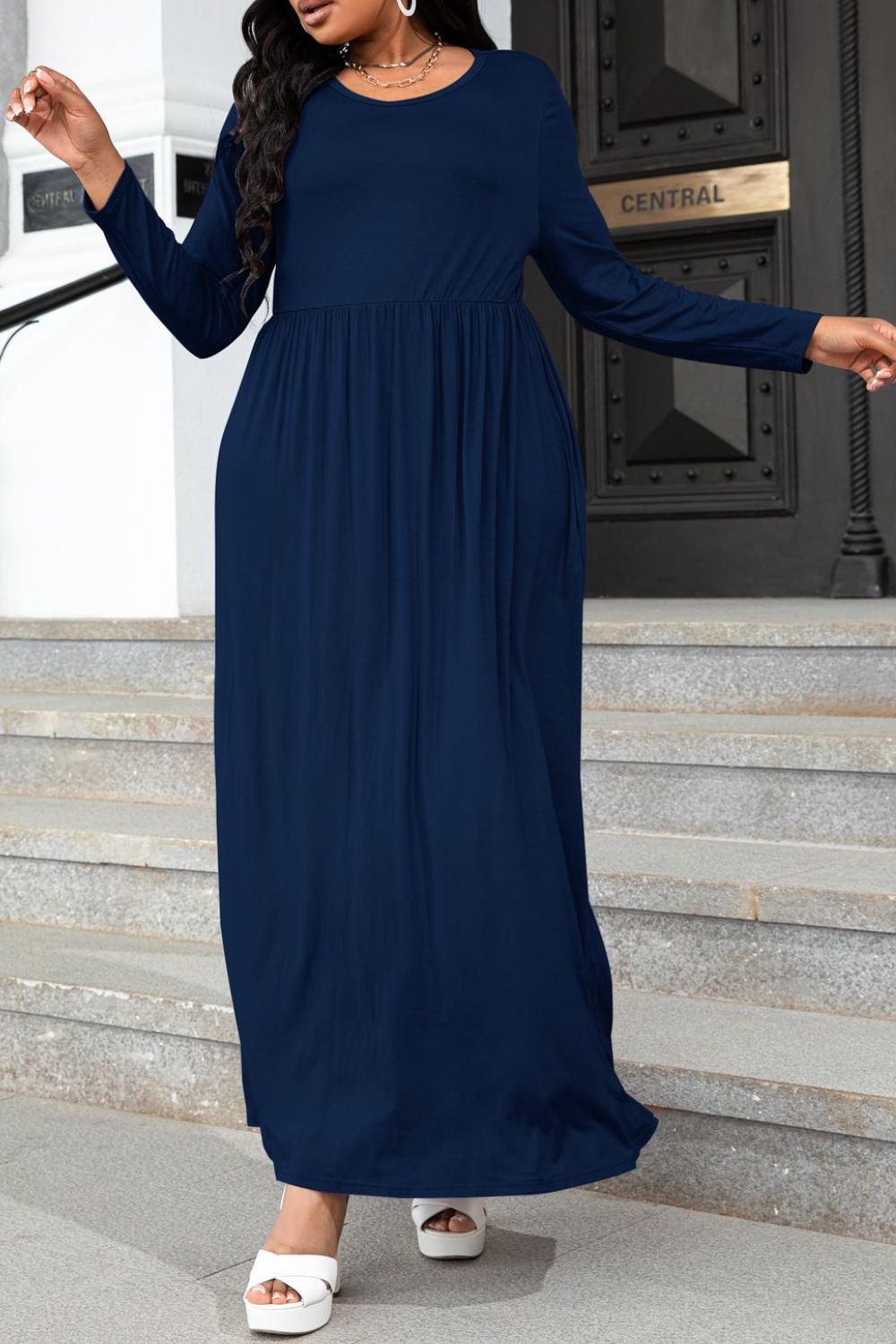 Plus Size Round Neck Long Sleeve Maxi Dress with Pockets Trendsi
