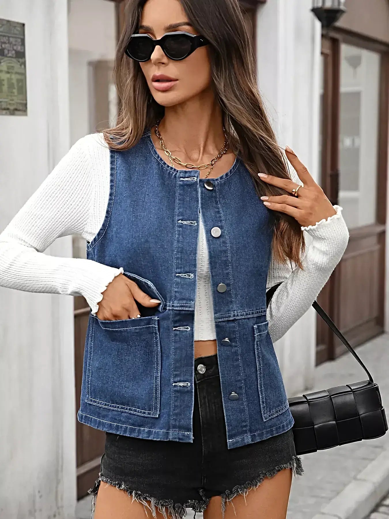 Chic Denim Button Vest with Pockets - Slightly Stretchy, Premium Rayon Blend