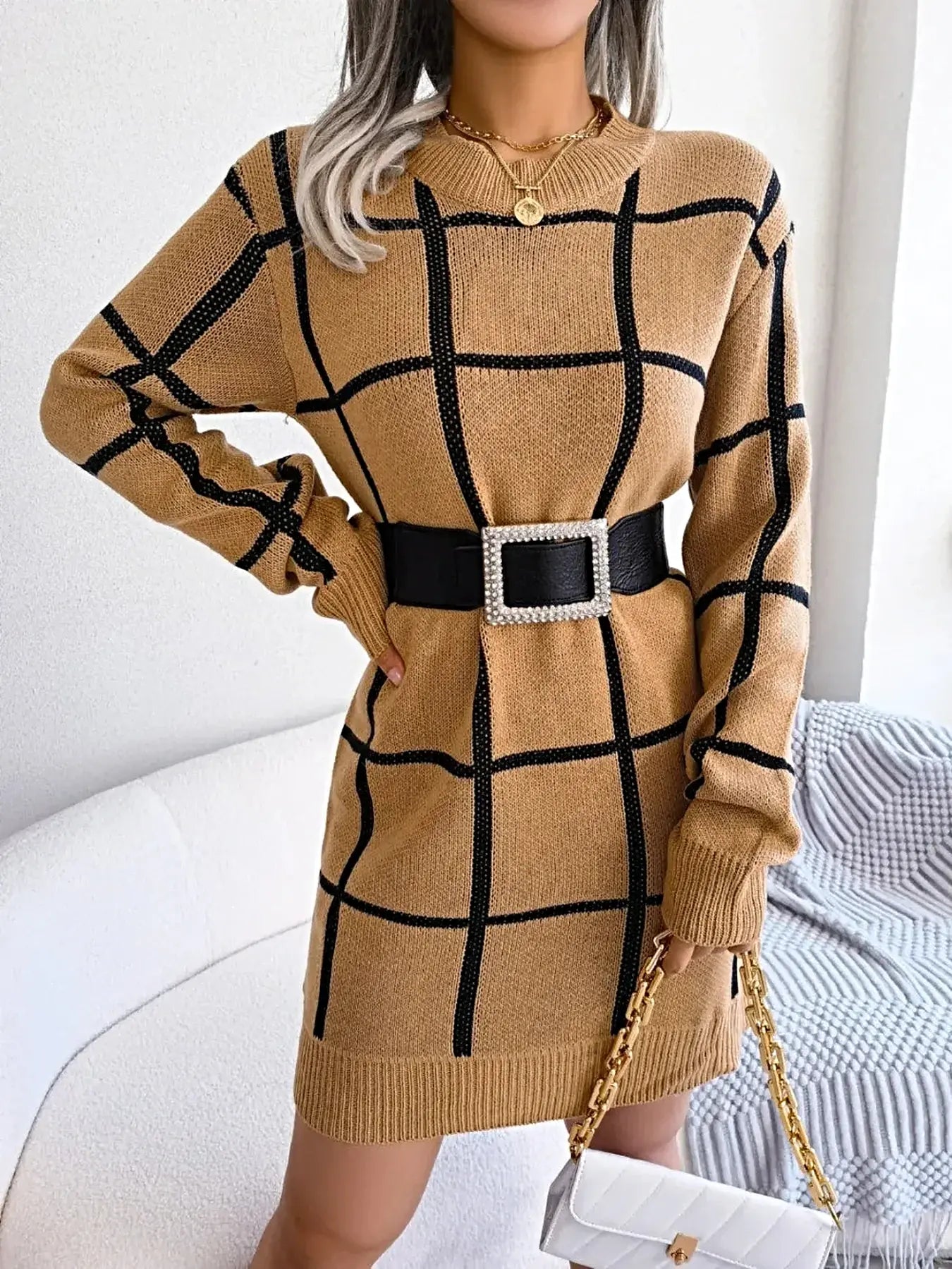 Plaid Round Neck Dropped Shoulder Sweater Dress -