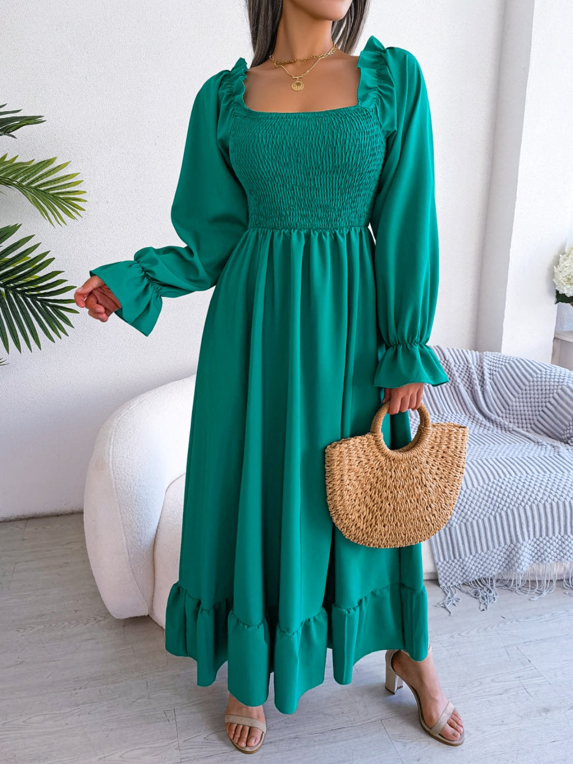 Smocked Square Neck Flounce Sleeve Dress -
