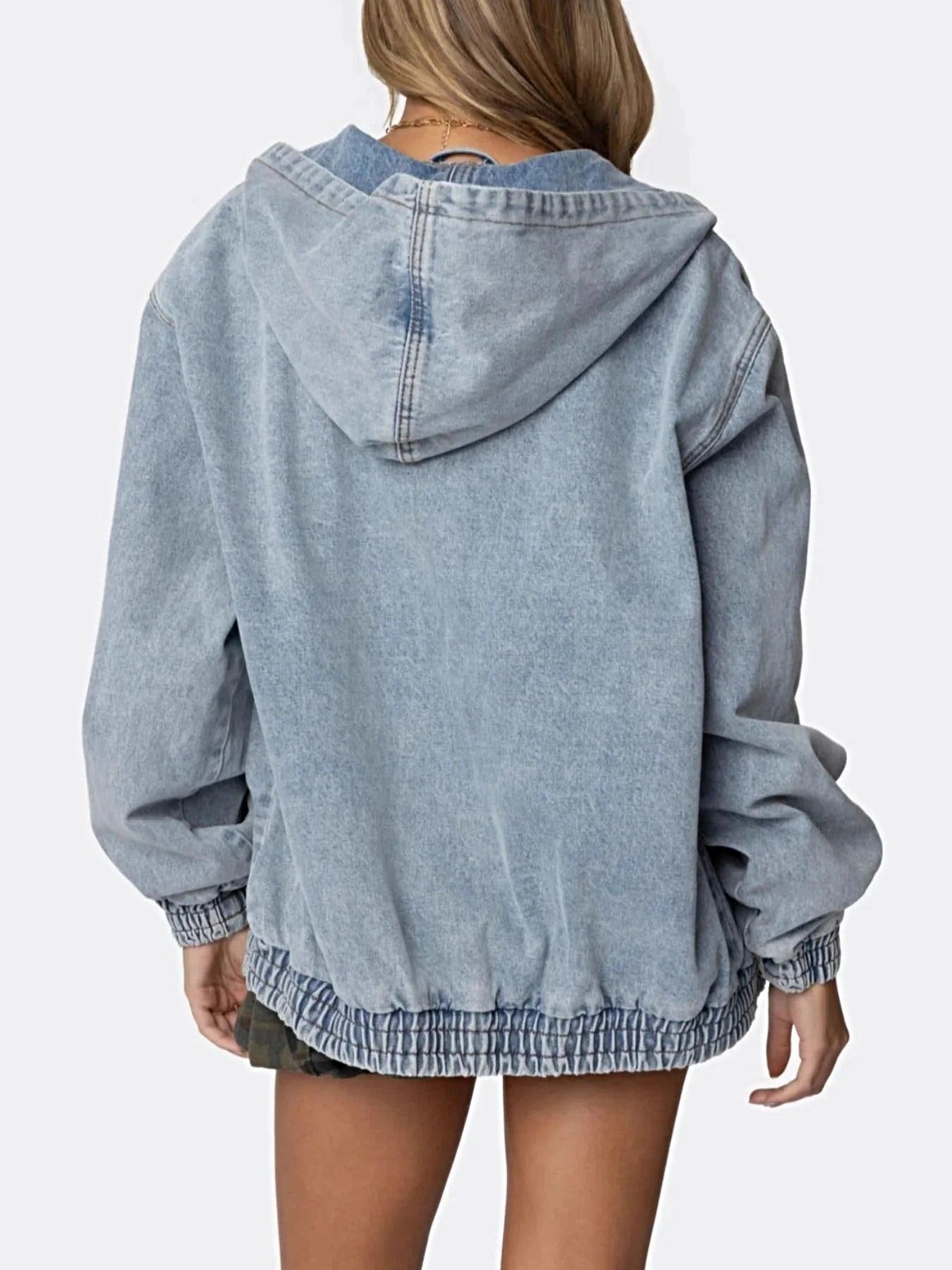 Hooded Oversized Zip Up Denim Jacket -