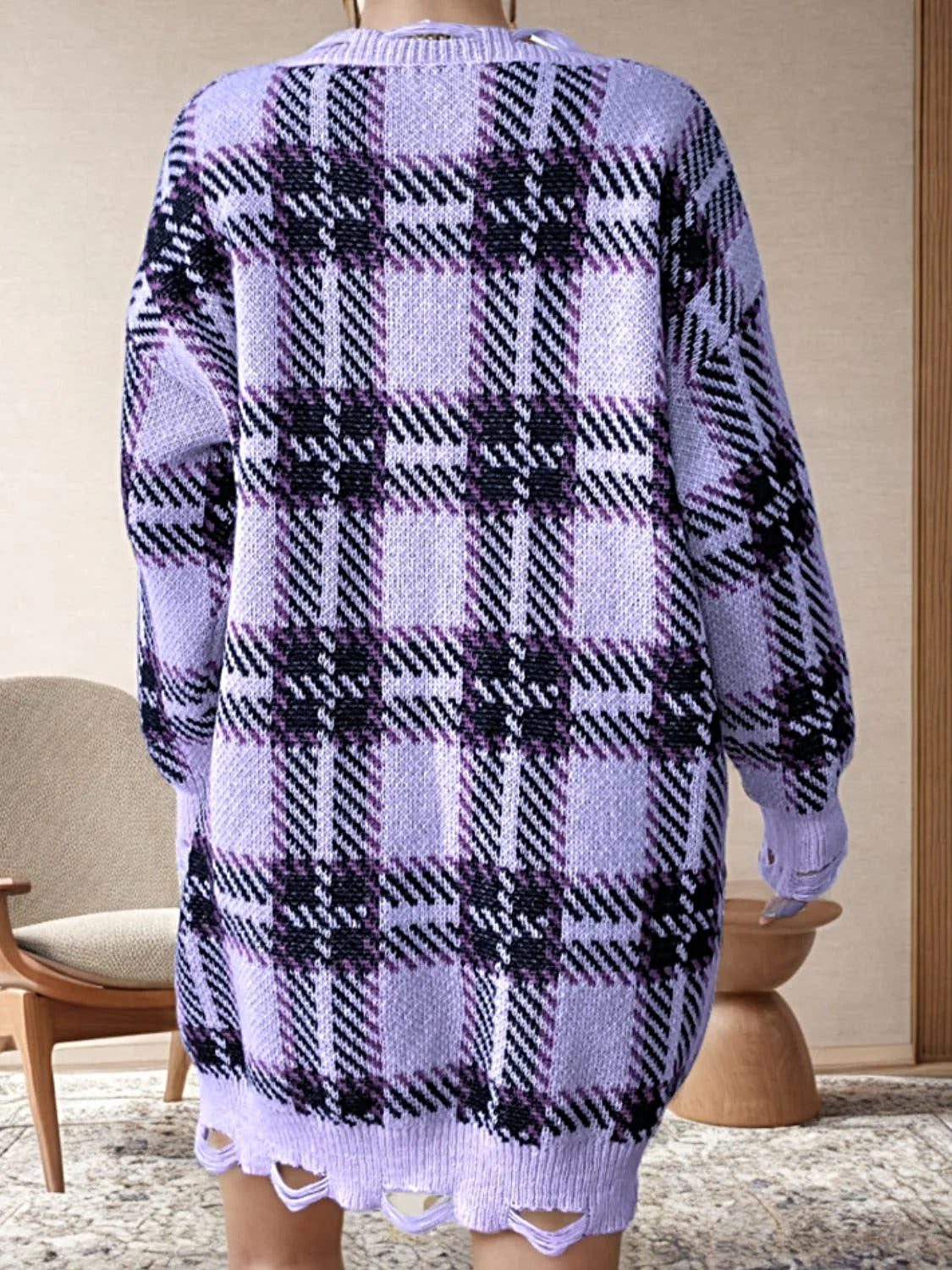 Distressed Plaid Sweater Dress with V-Neck and Long Sleeves - Trendy Comfort in One Size Trendsi