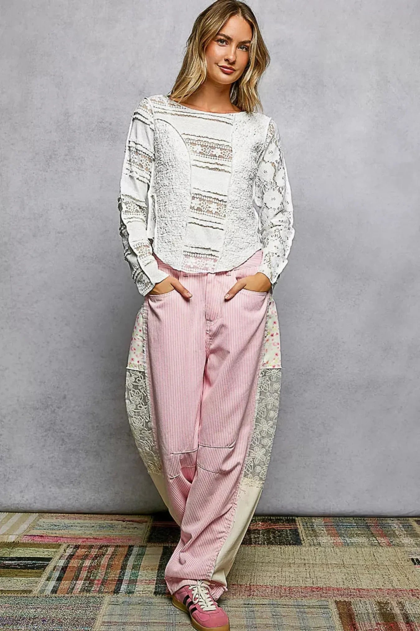POL Round Neck Long Sleeve Exposed Seam Top with Lace Detail -