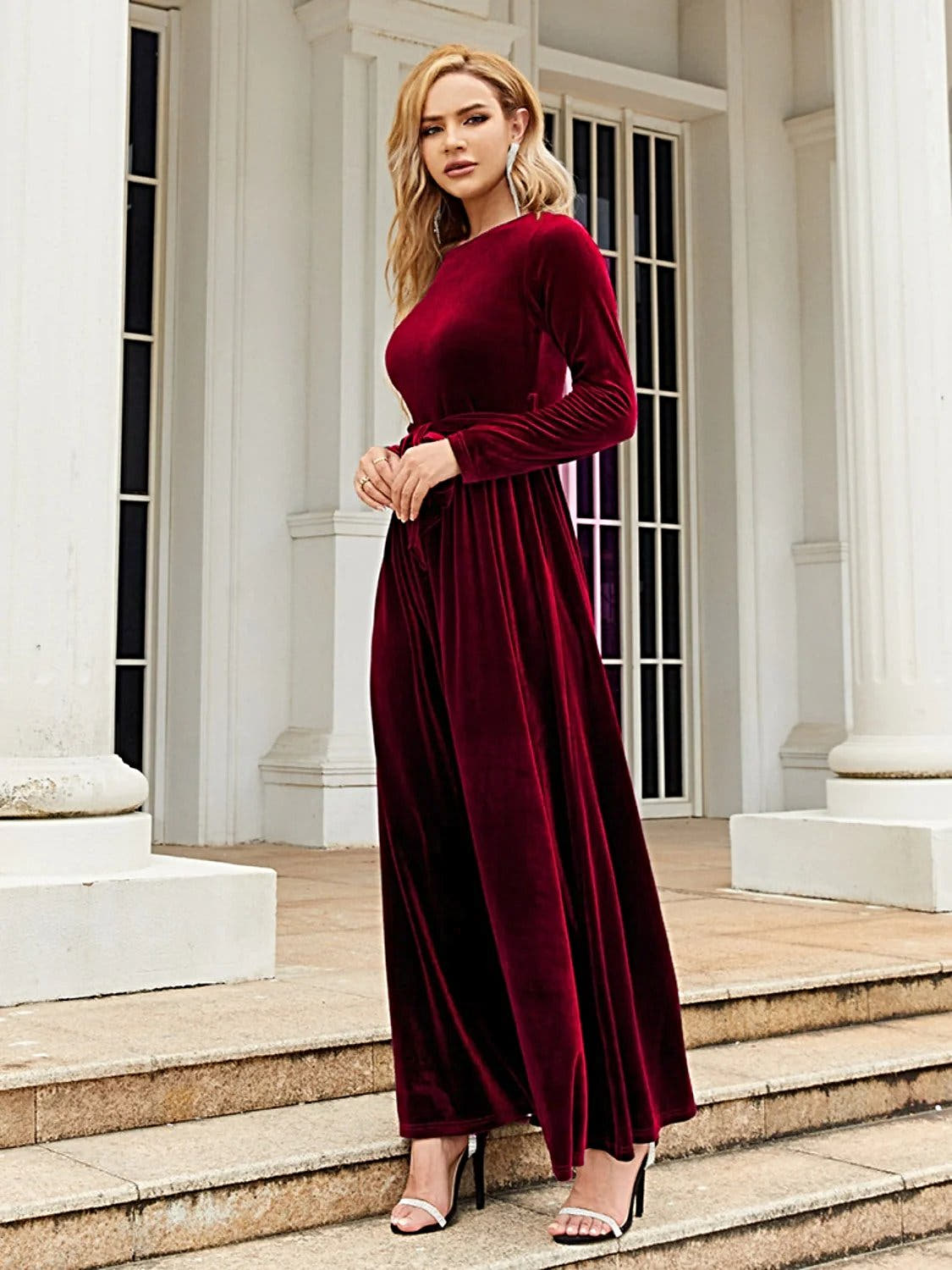 Elegant Tie Front Long Sleeve Maxi Dress in Opaque Polyester – Comfortable and Stylish Trendsi