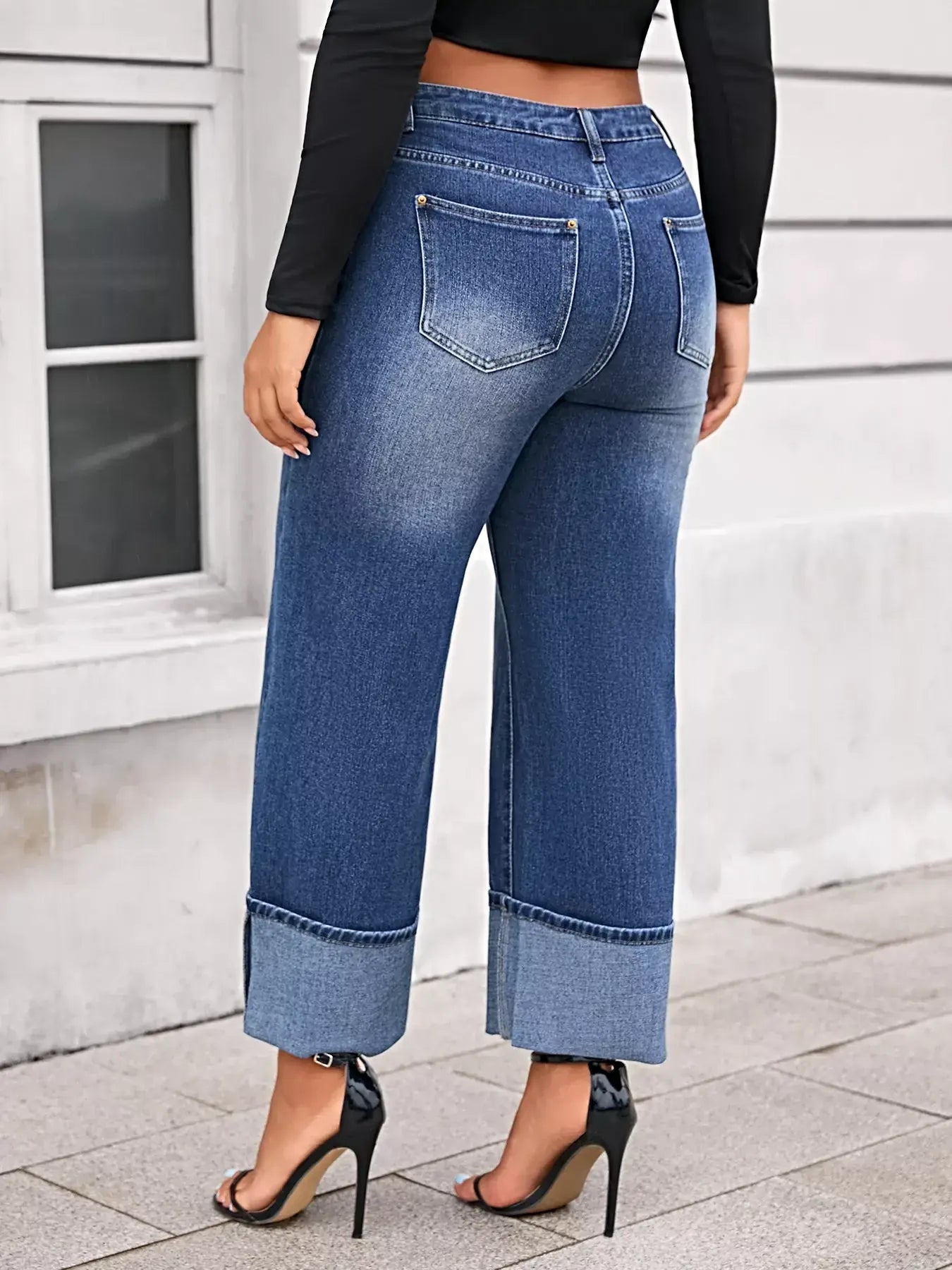 Plus Size High Waist Cuffed Wide Leg Jeans -