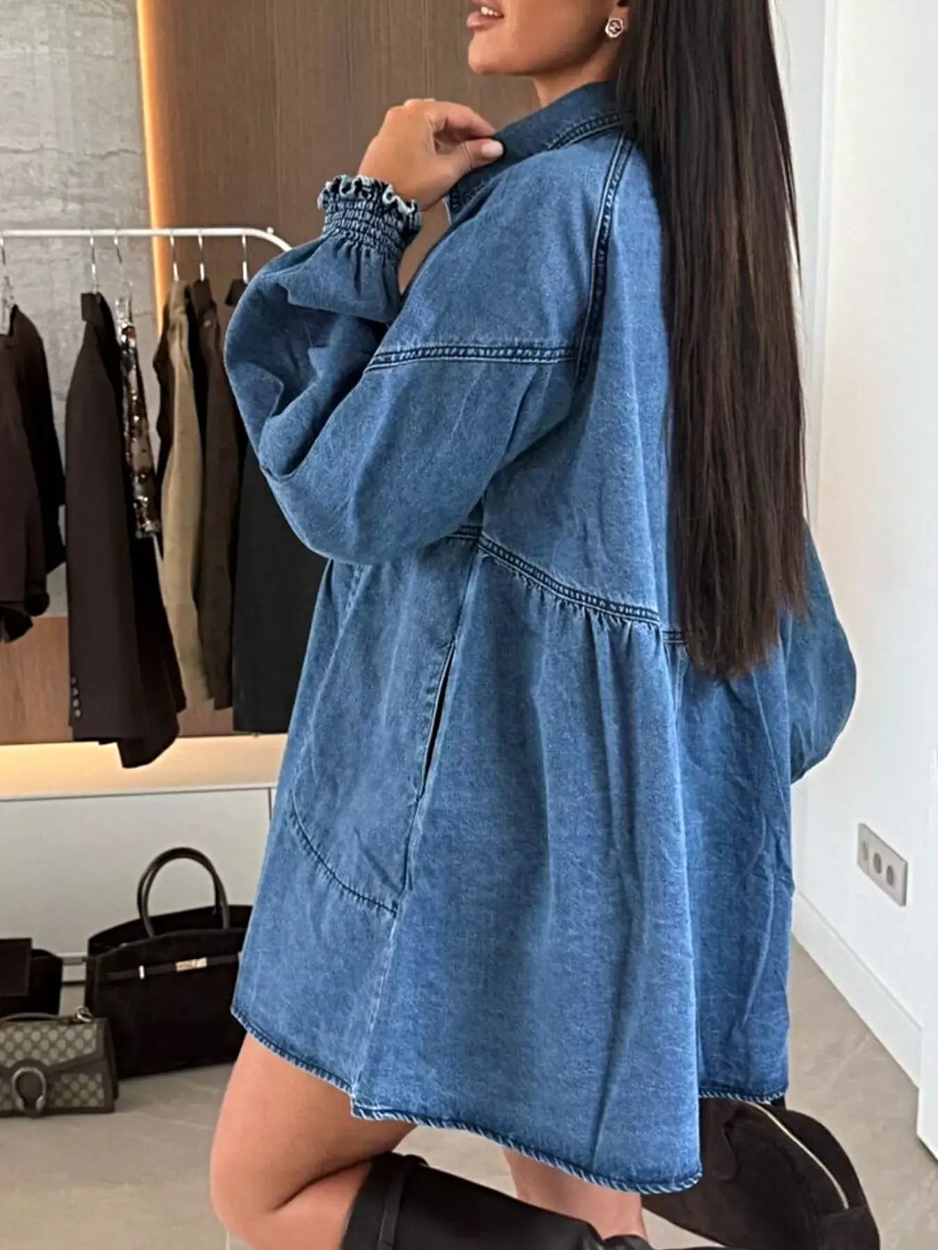Button Down Mini Denim Dress with Front Pockets -
