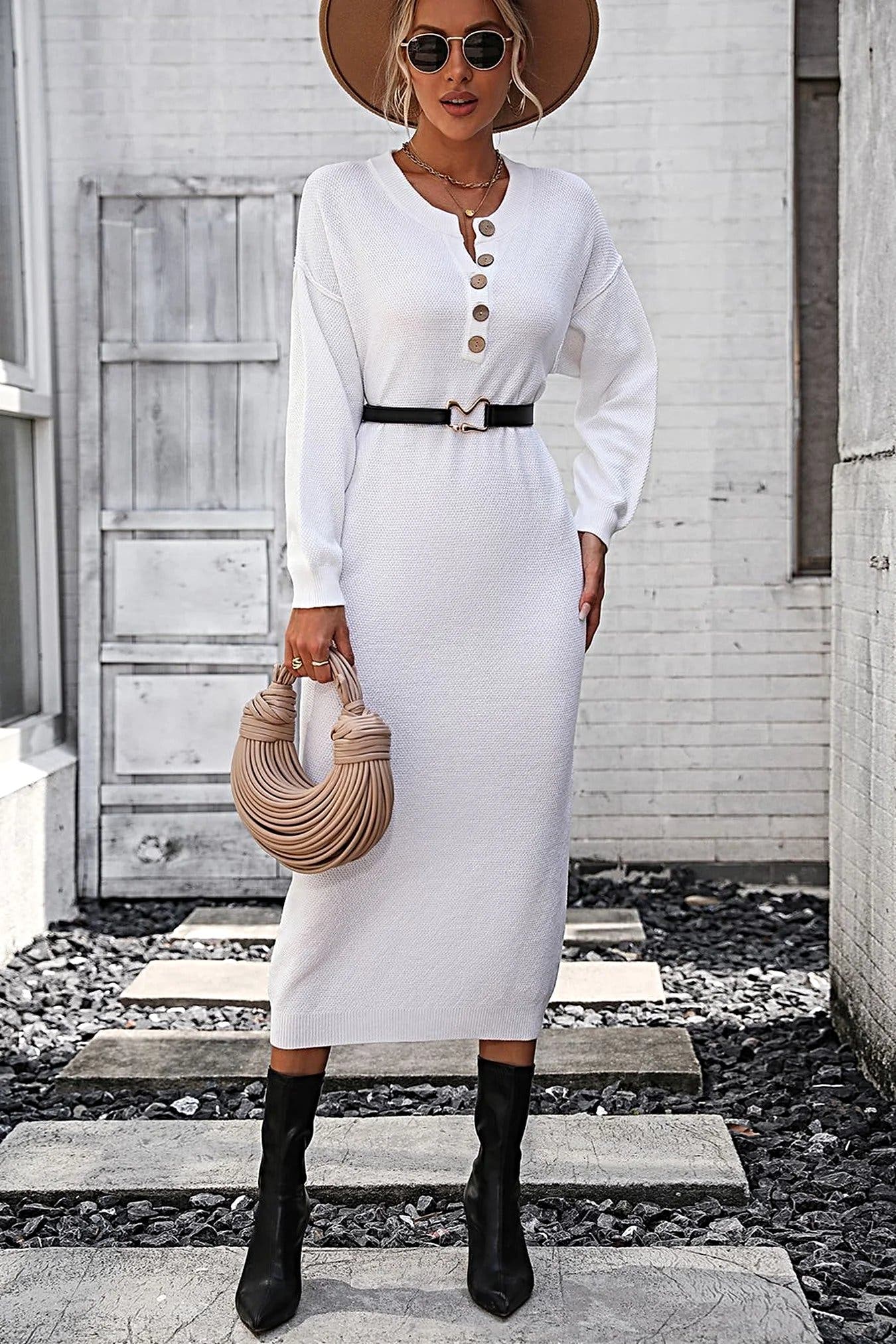 Notched Neck Dropped Shoulder Button-Down Midi Dress -